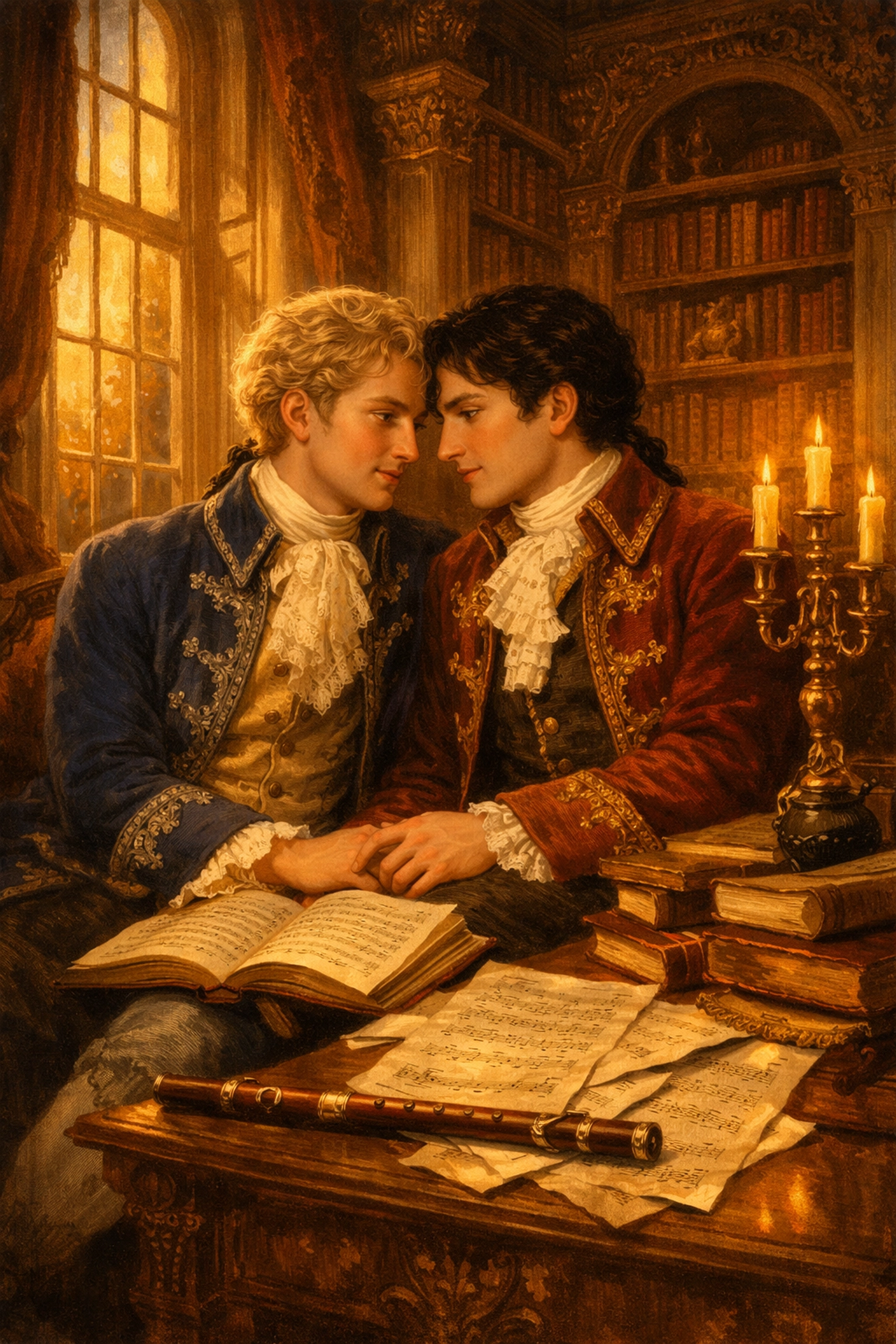 Frederick the Great and Hans Hermann von Katte sharing intimate moment in palace library