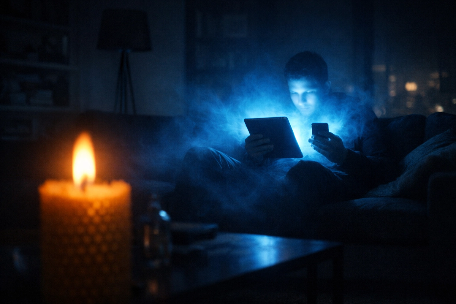 A person using a smartphone at night, showing cold blue light glare compared to warm, natural candlelight.