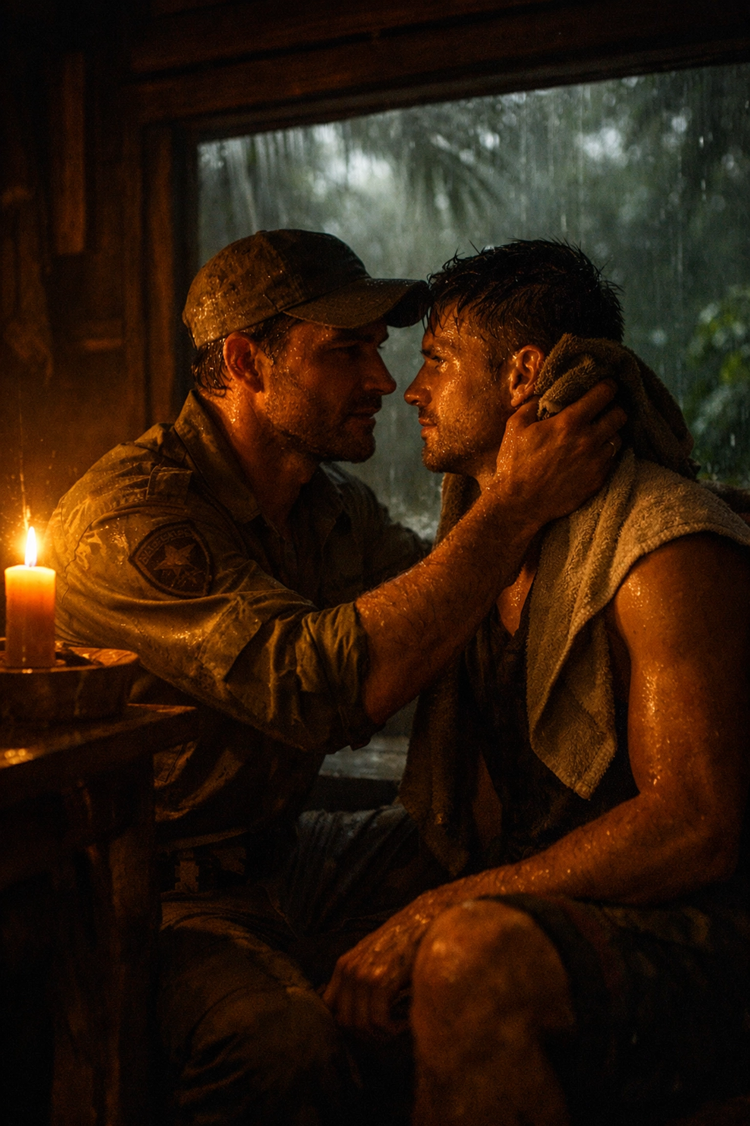 An intimate MM romance scene between a hiker and a ranger in a candlelit cabin during a tropical storm.