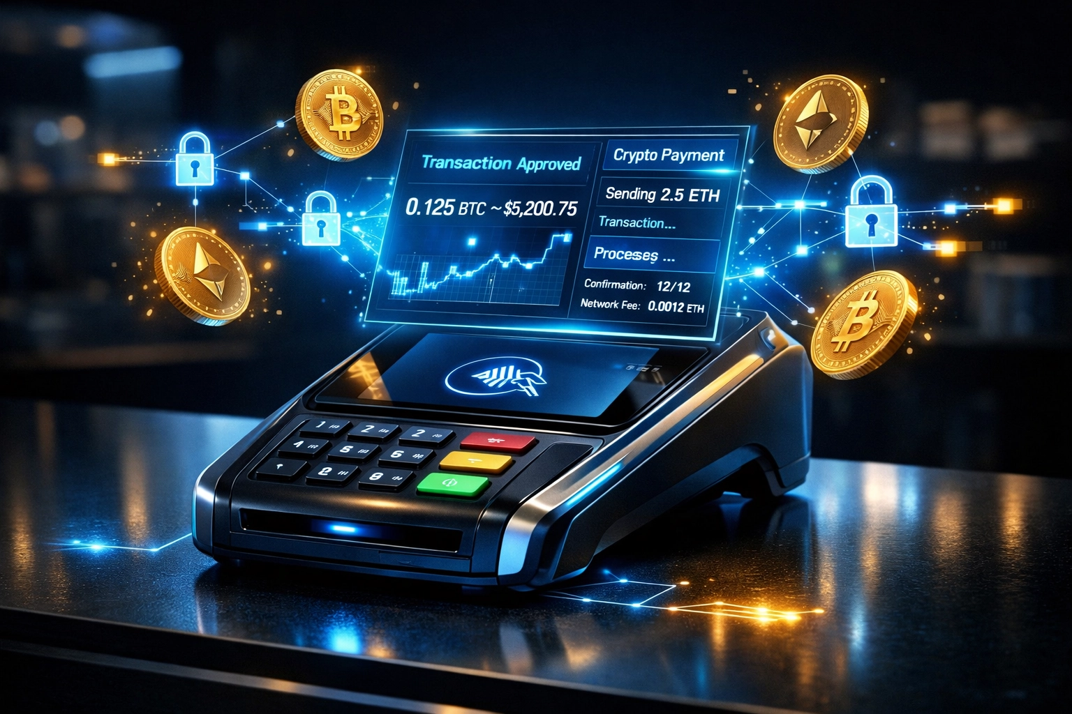 Futuristic crypto POS terminal displaying blockchain transactions with secure payment processing