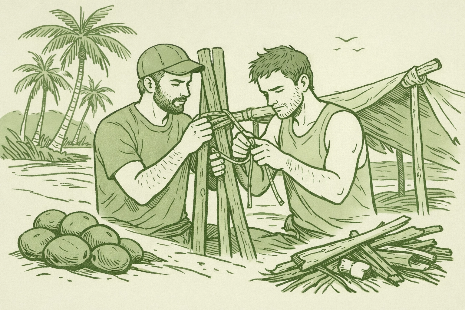Two men building shelter together on desert island in gay survival romance story