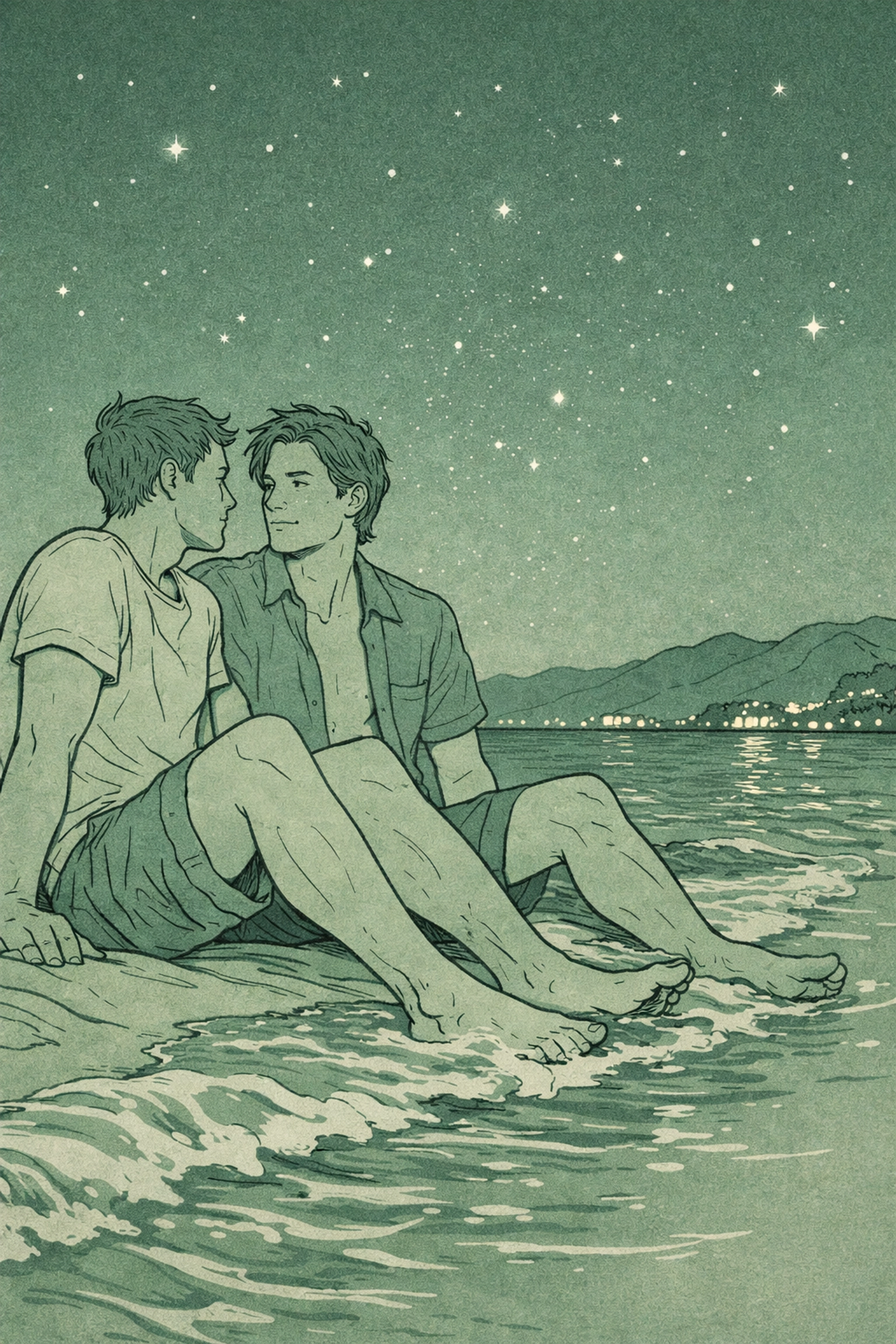 Gay couple sharing intimate moment on Playa Los Muertos beach at night
