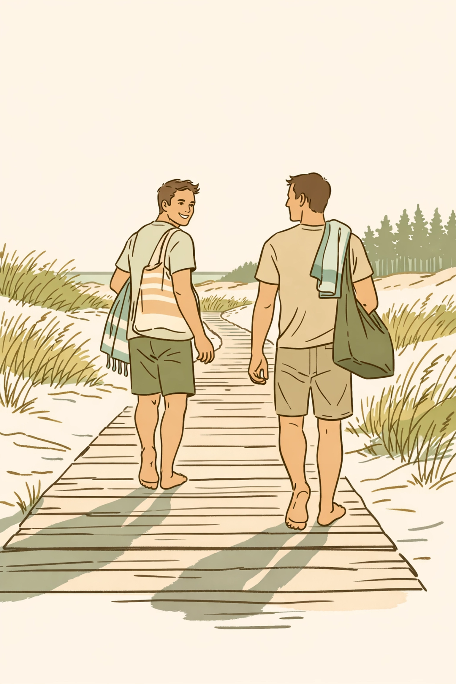 Gay couple walking to Beach 19 Costa da Caparica through dunes and pine forests Portugal