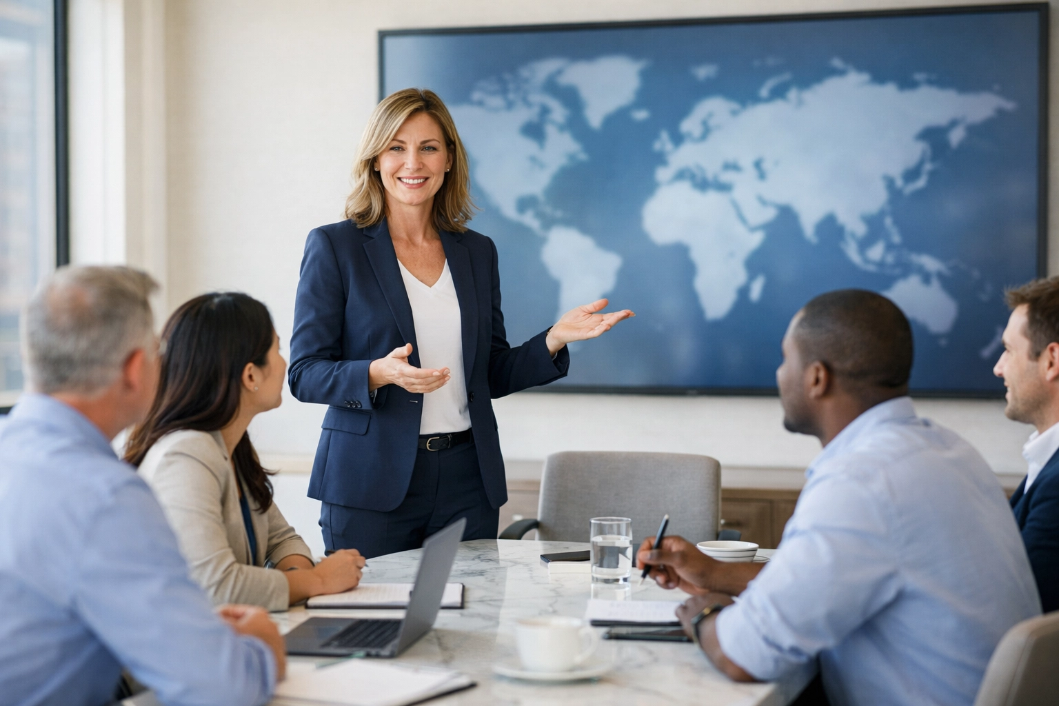 A ServiceNow consultant leading a global strategy meeting on ITOM compliance and international ROI.