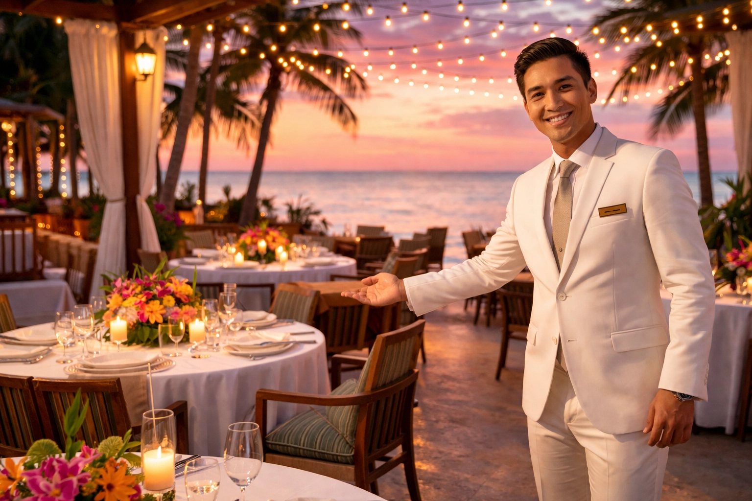 Beachfront resort restaurant at sunset with concierge, showing importance of learning reservation procedures