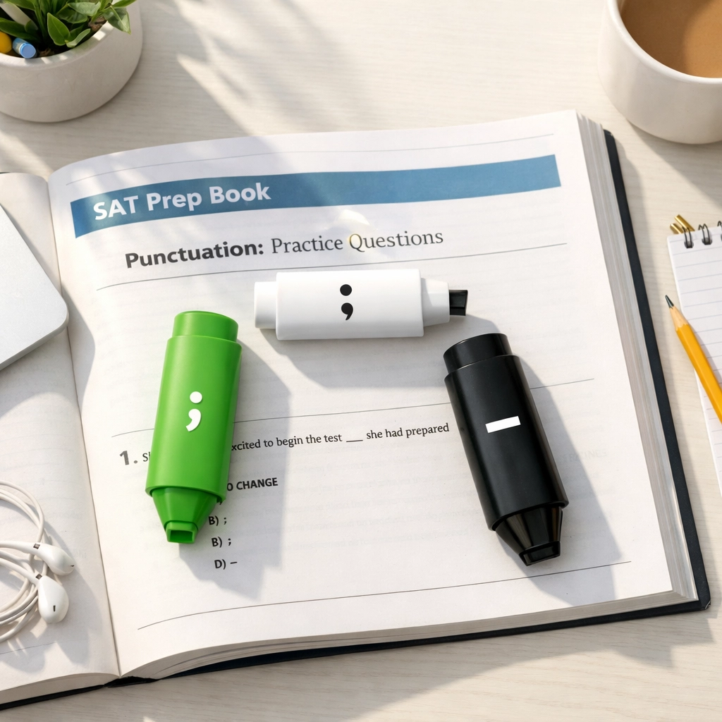 SAT prep materials showing the Big Three punctuation marks: semicolons, colons, and dashes