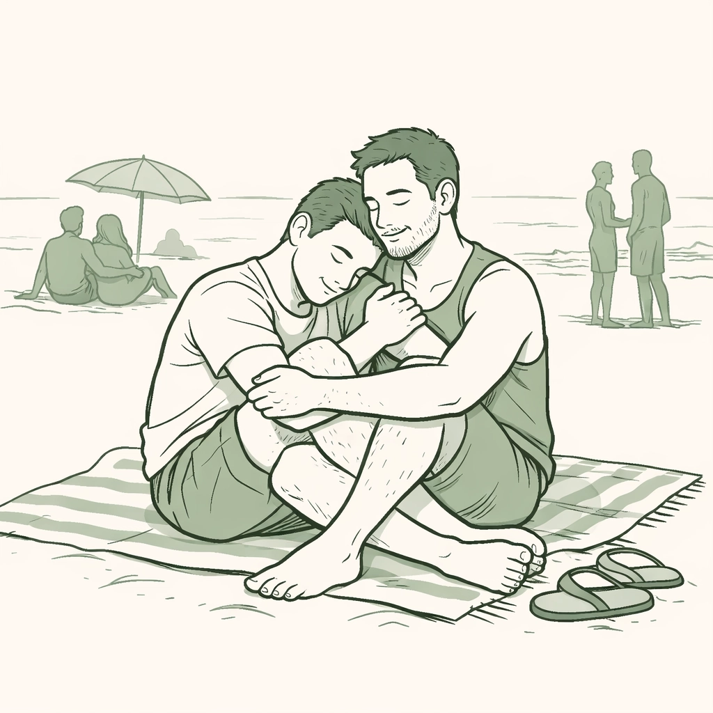 Gay men embracing on beach blanket showing community support and emotional connection