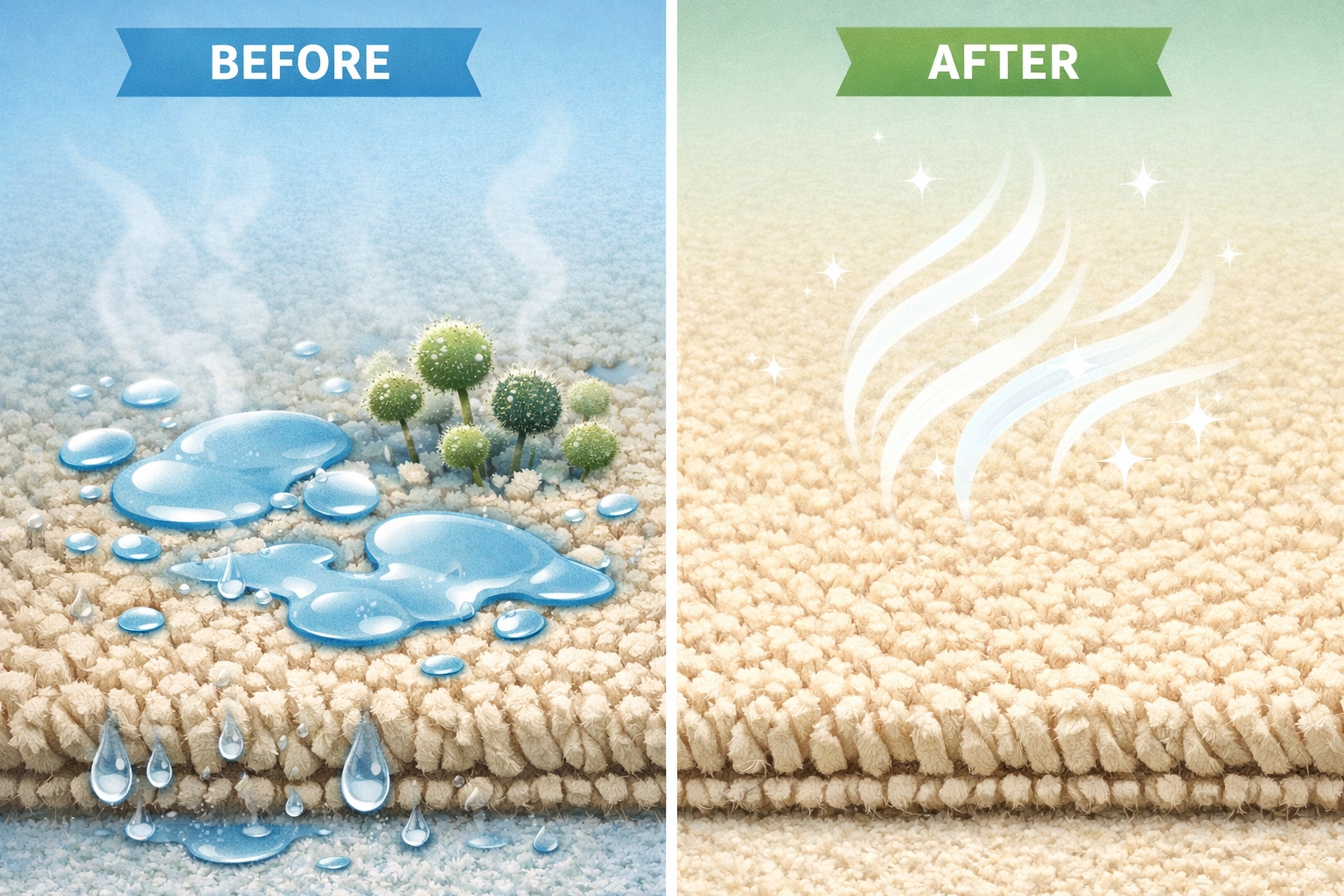 Comparison of wet carpet with mold growth versus properly dried carpet after cleaning