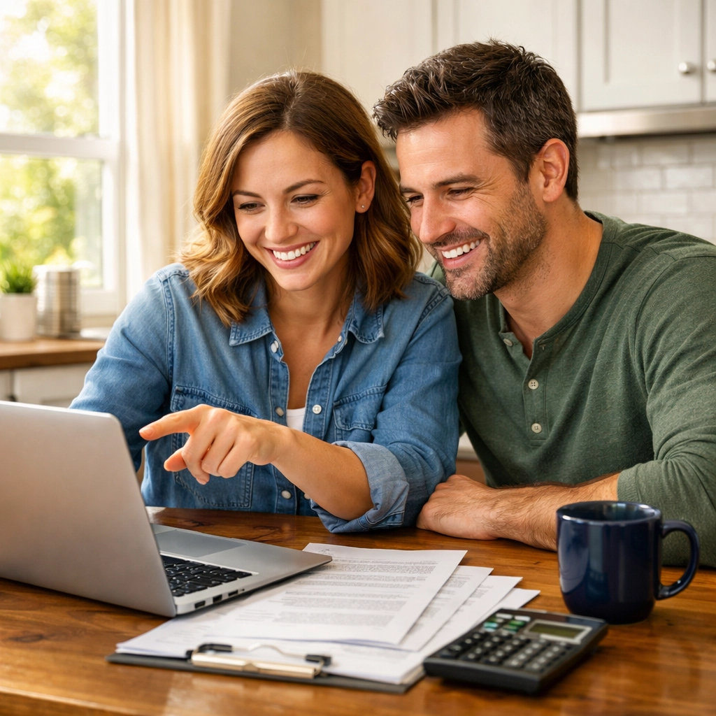 New York couple reviewing mortgage pre-approval documents for Florida home purchase