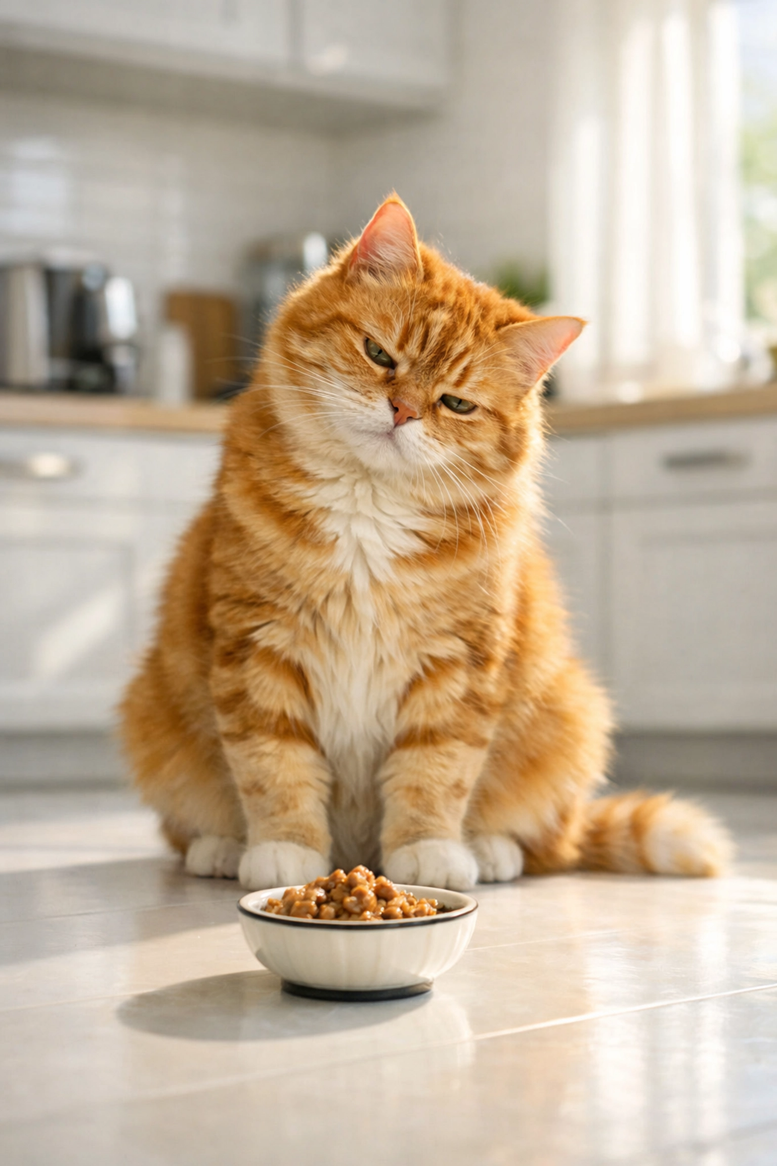 Skeptical ginger tabby cat looking at a small food bowl on a bright kitchen floor.