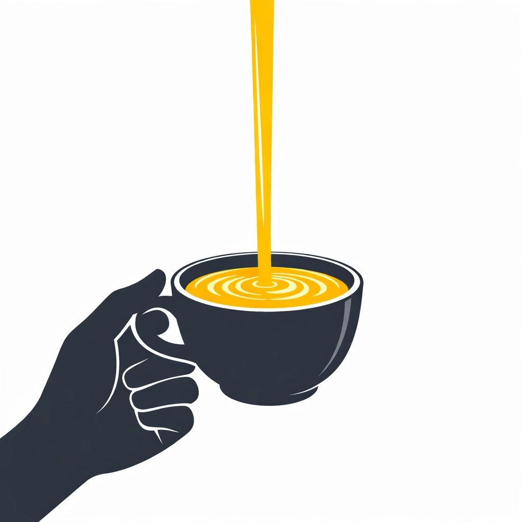 A minimalist illustration of a hand filling a cup, representing self-care and the importance of rest.