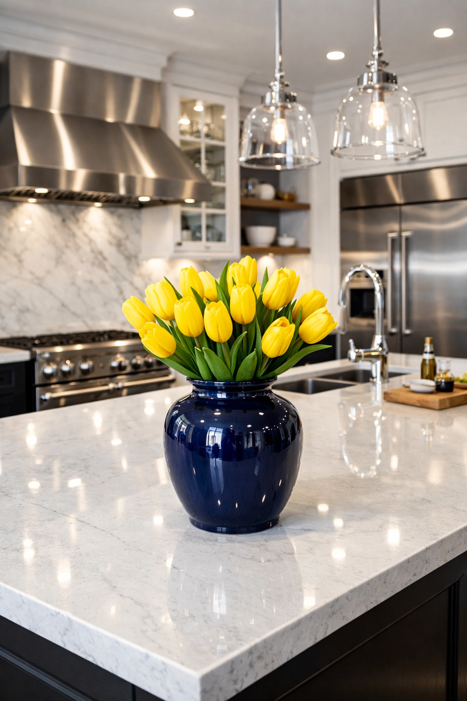 Modern luxury kitchen showcasing deep house cleaning results with sparkling white quartz countertops in Boxborough.