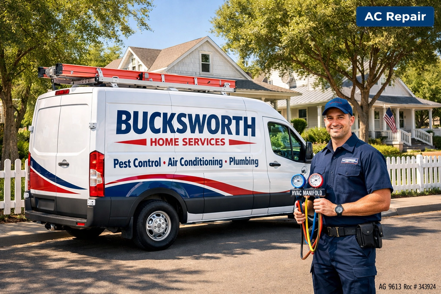 Emergency AC repair technician with a Bucksworth service van in the Agritopia community of Gilbert, AZ.