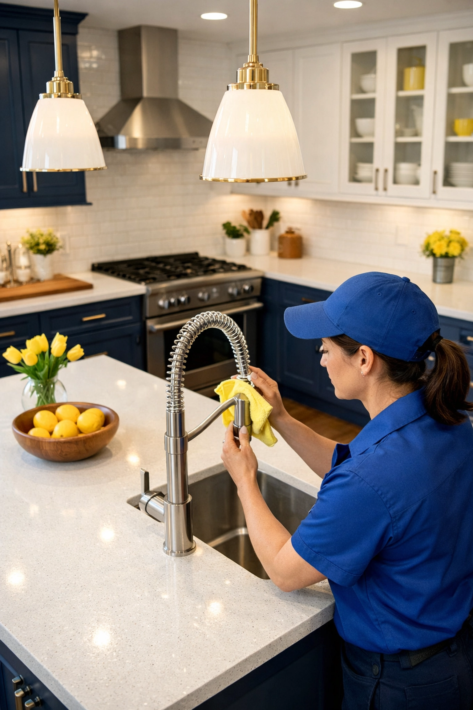 Professional cleaner performing post construction cleaning in a modern Hudson kitchen after a home renovation.