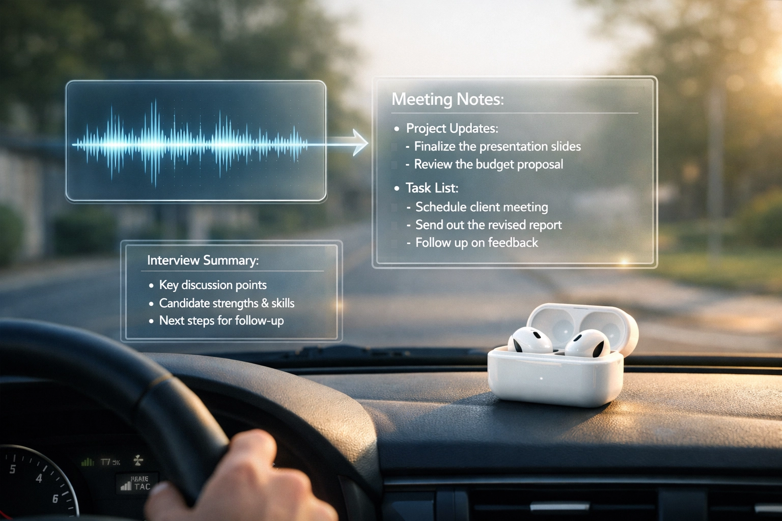 Holographic display of podcast audio being transcribed into study notes using voice-to-text technology while driving.
