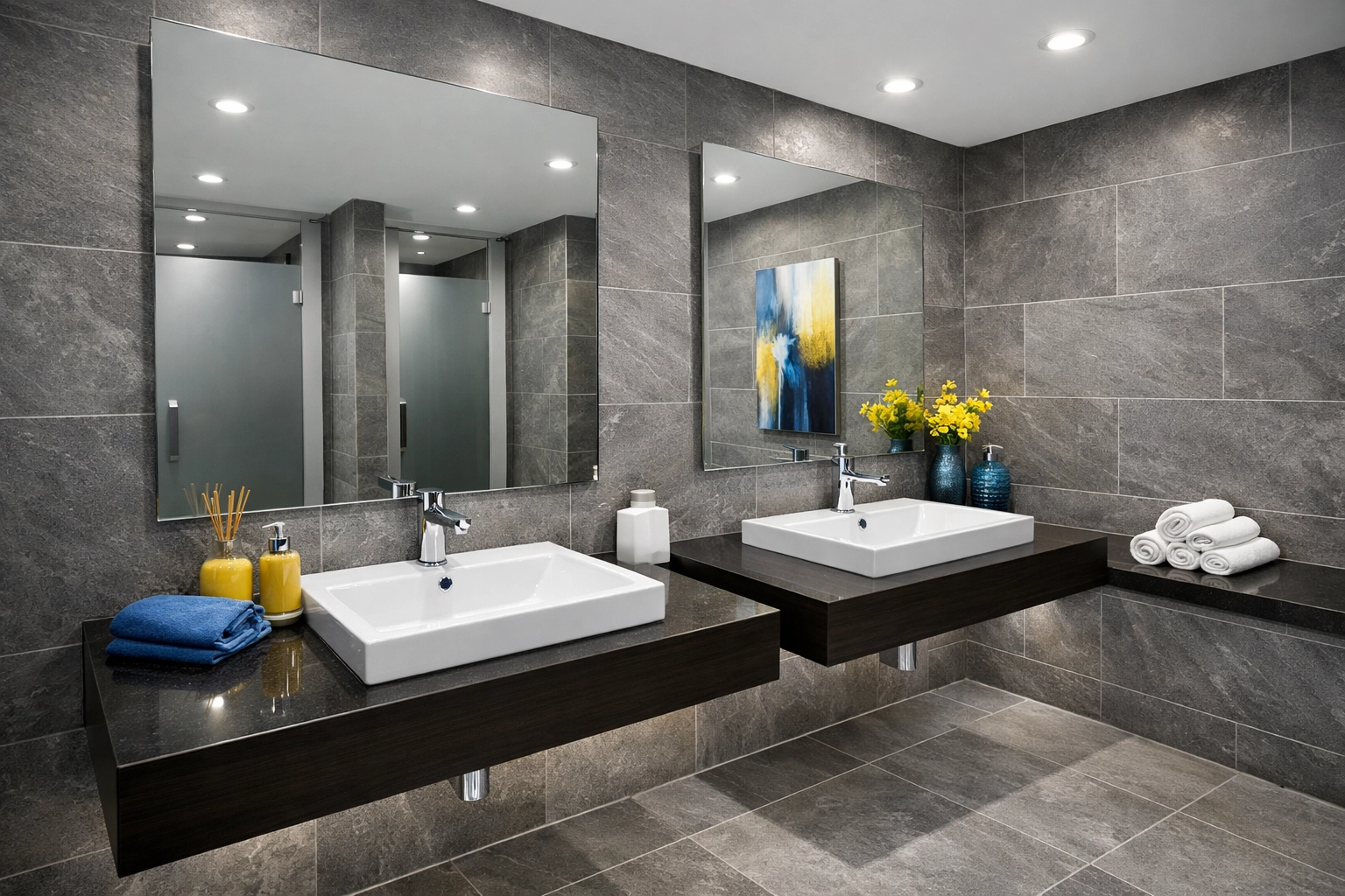 Sparkling clean and sanitized modern office restroom in Worcester after a professional cleaning service.