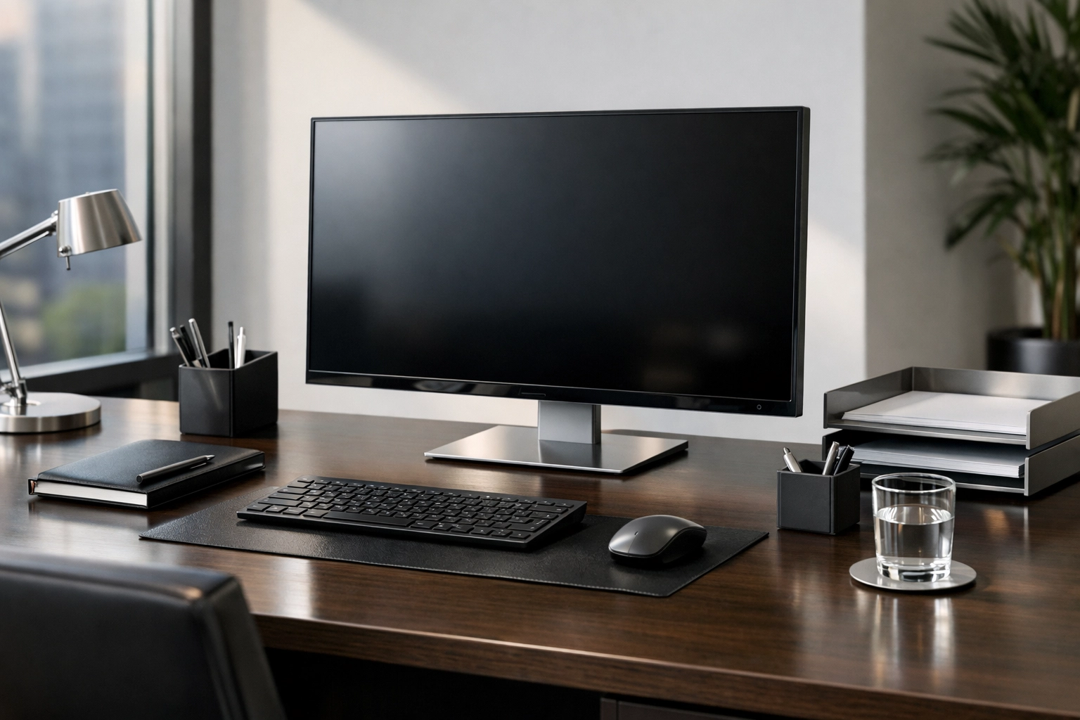 Streak-free executive desk after professional commercial cleaning Worcester MA in a modern office.
