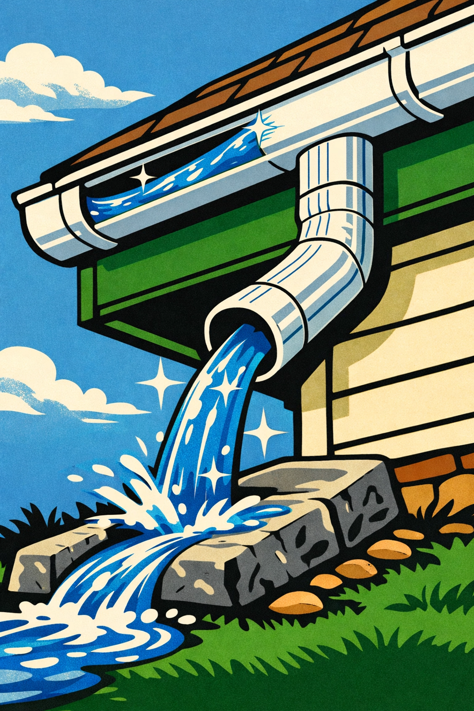 Clean gutter and downspout system directing water away from a house to protect the foundation.