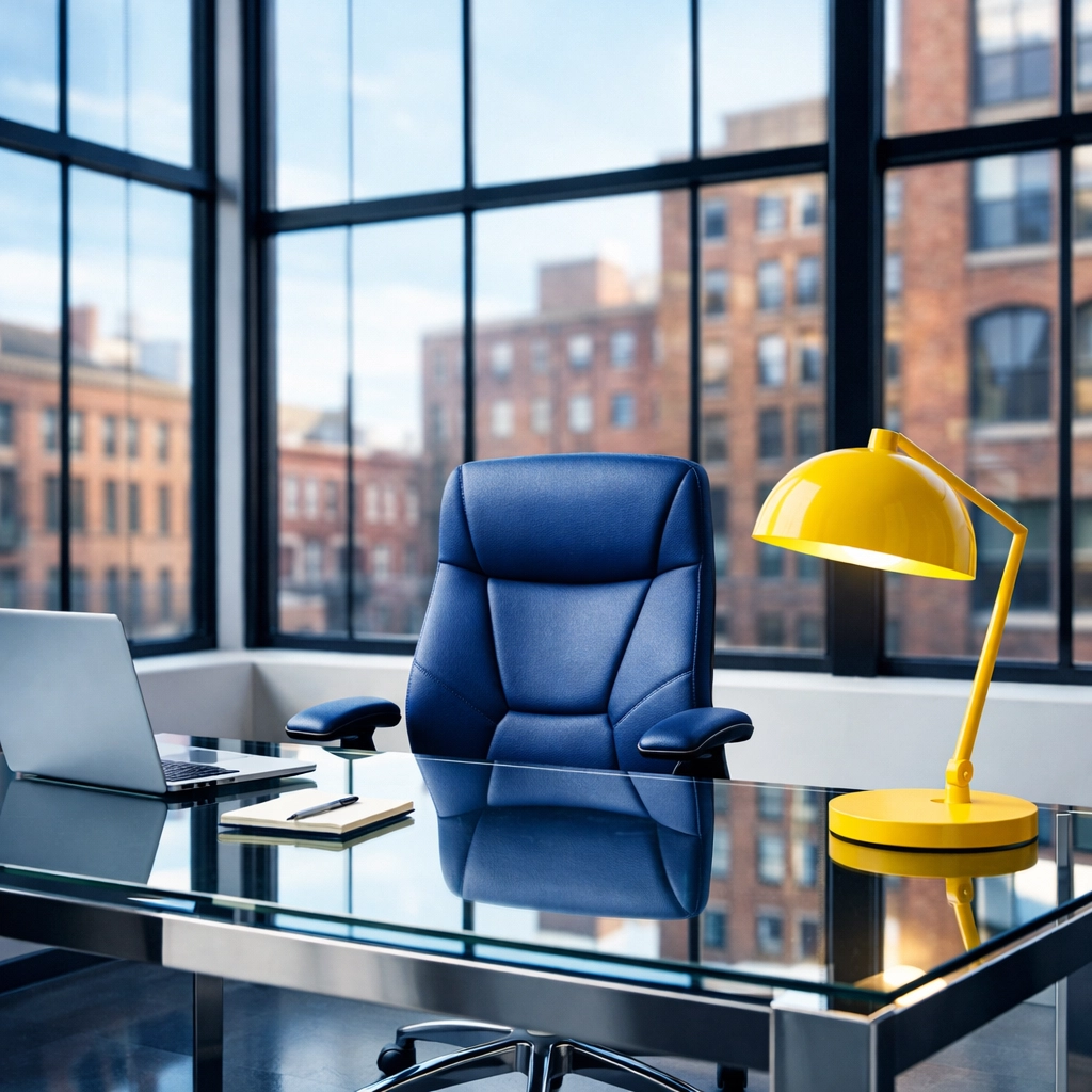 Spotless office cleaning Worcester workspace with a minimalist desk and city view for local small businesses.