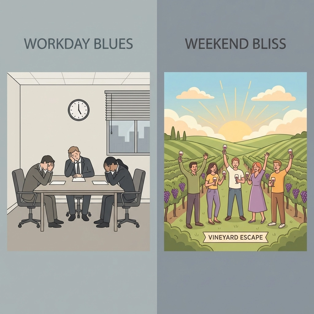 Comparison of a boring office meeting and a joyful team in a vineyard, highlighting unique corporate wine tour experiences in Virginia.