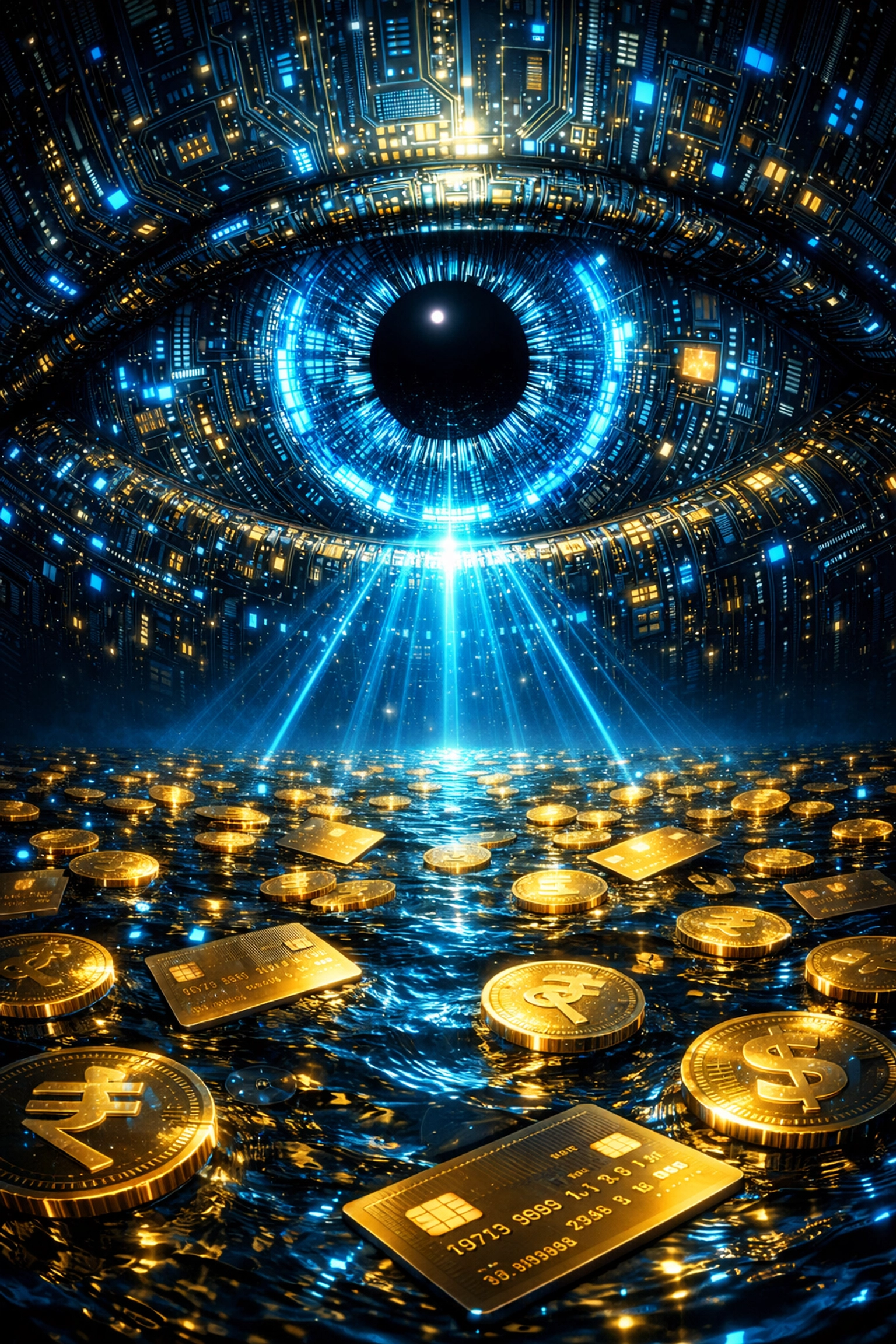 Startup news India: AI surveillance eye scanning digital currency for suspicious transactions.