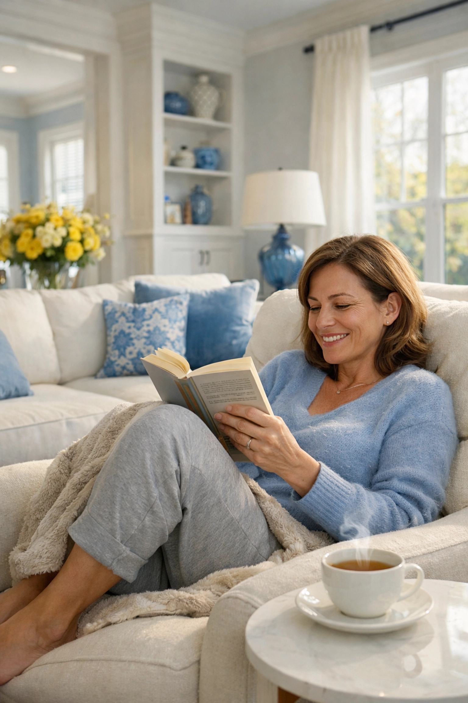 Homeowner relaxing in a clean Westford living space after a professional weekly house cleaning.