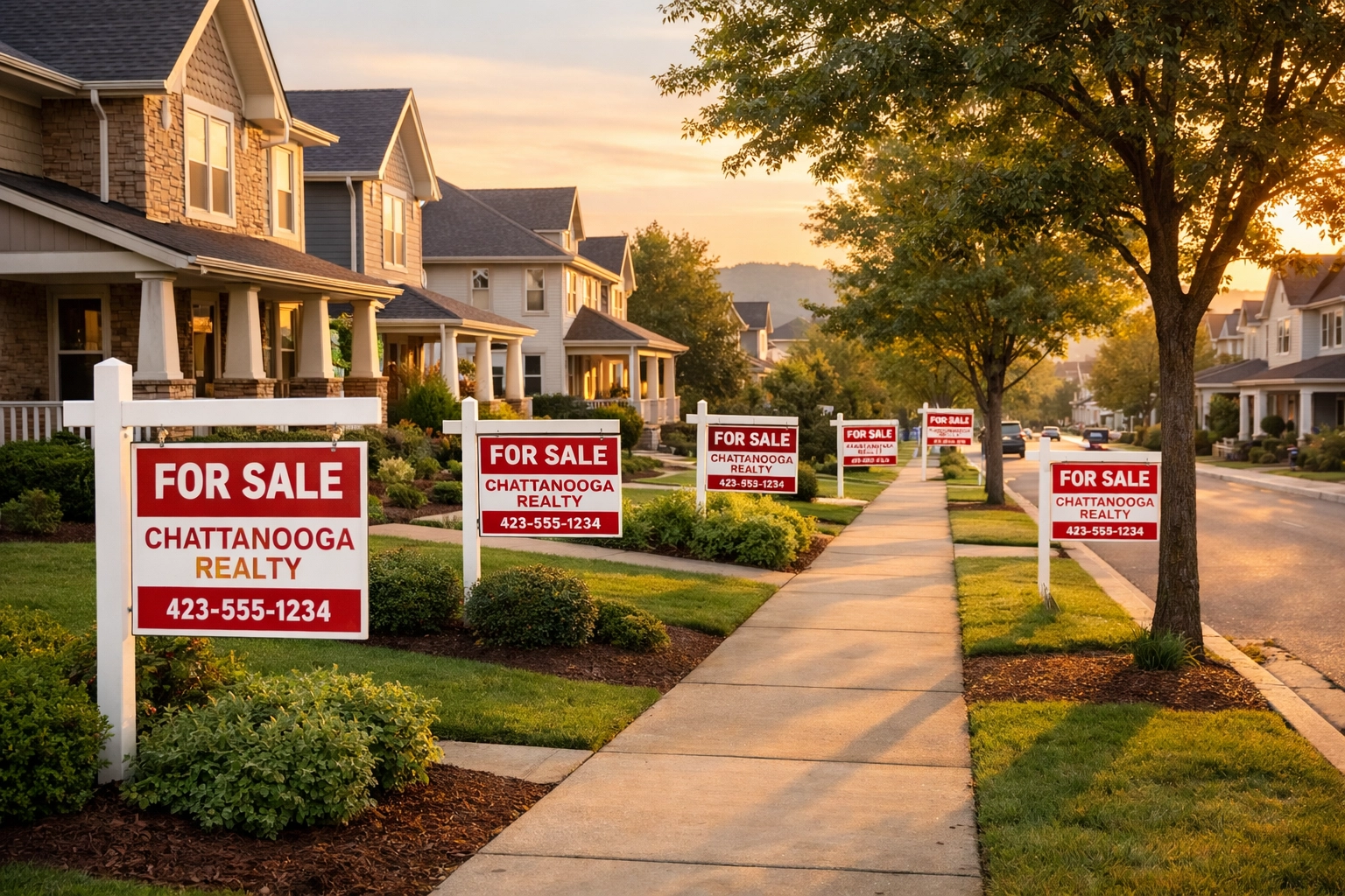 Chattanooga suburban street with multiple homes for sale showing increased inventory in 2026