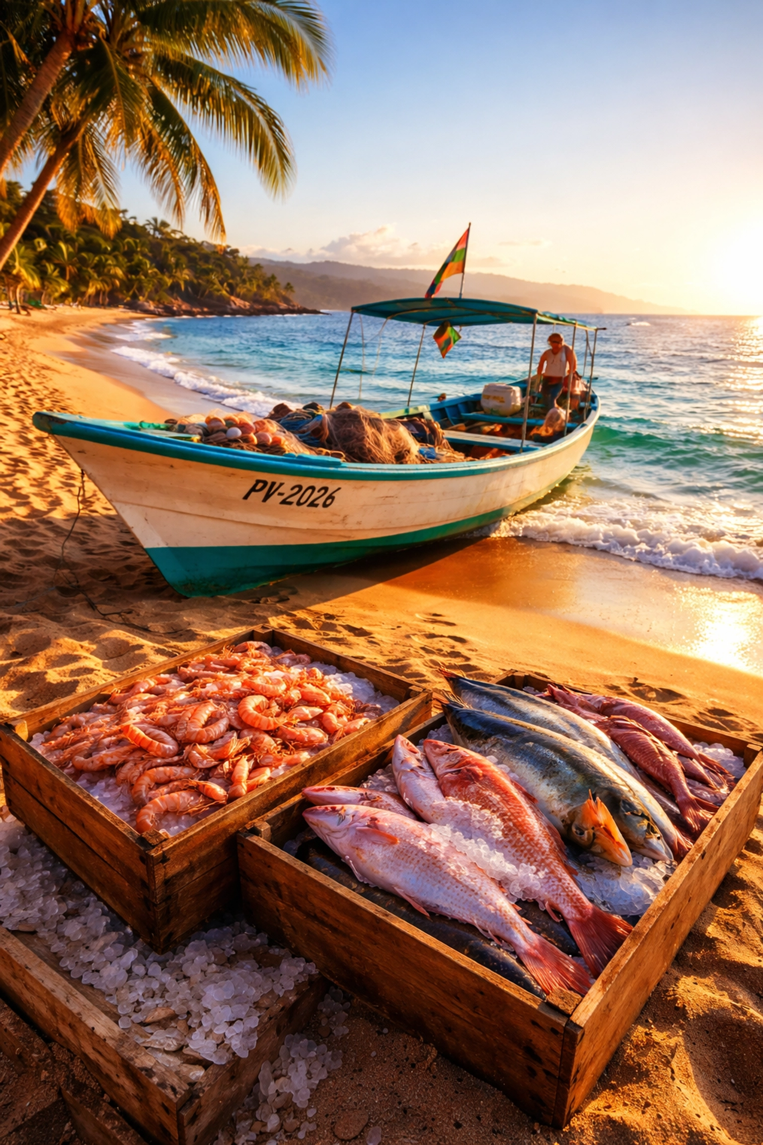 Traditional fishing boat on Puerto Vallarta beach at golden hour with fresh seafood and palm trees, ideal for seafood lovers.