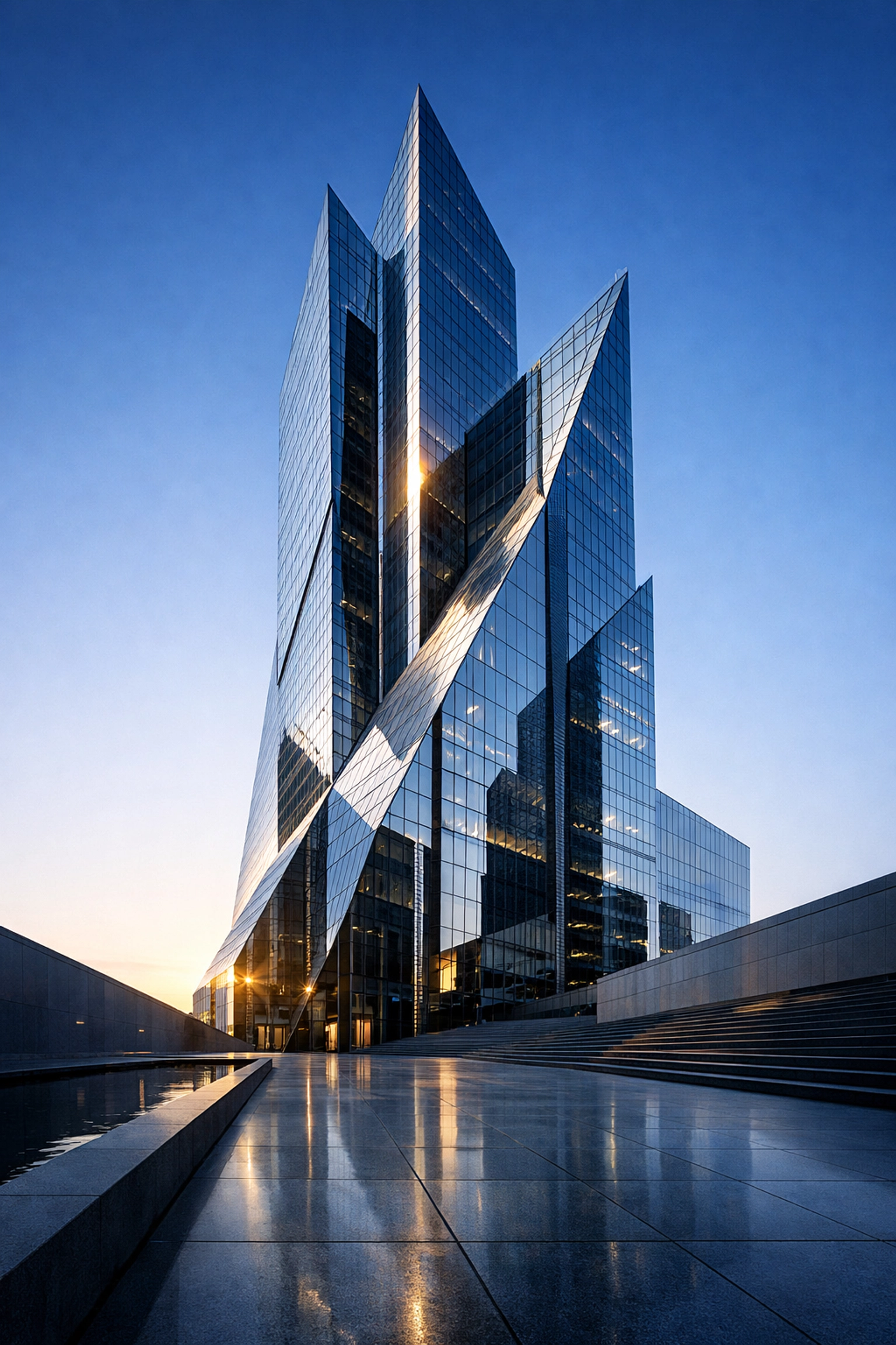 A futuristic glass skyscraper at dawn symbolizing organizational resilience and long-term emergency preparedness.