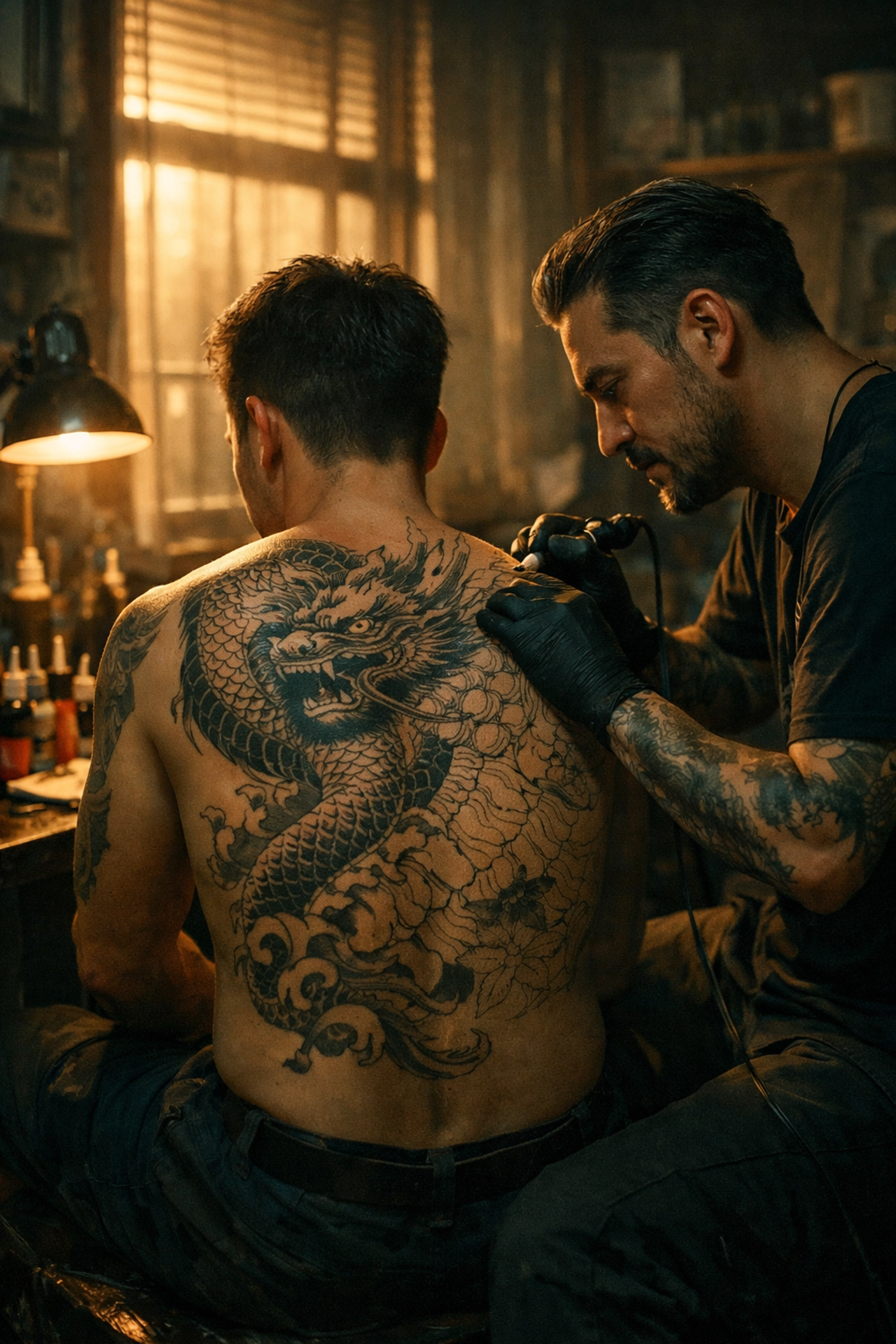 Tattoo artist creating traditional Japanese irezumi dragon on gay client in intimate studio