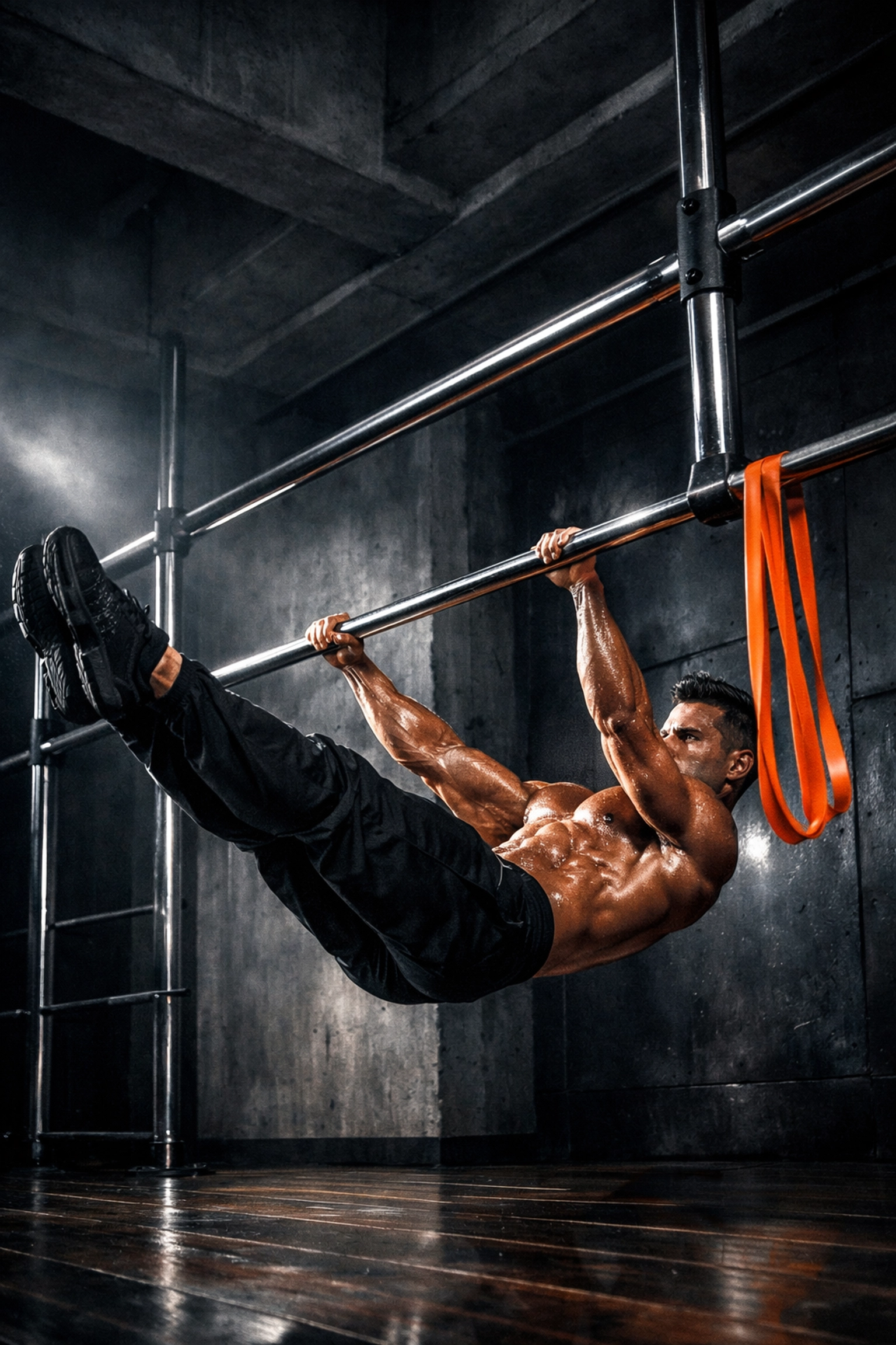 Athlete performing advanced front lever on a floor to ceiling gym rail for bodyweight training at home.