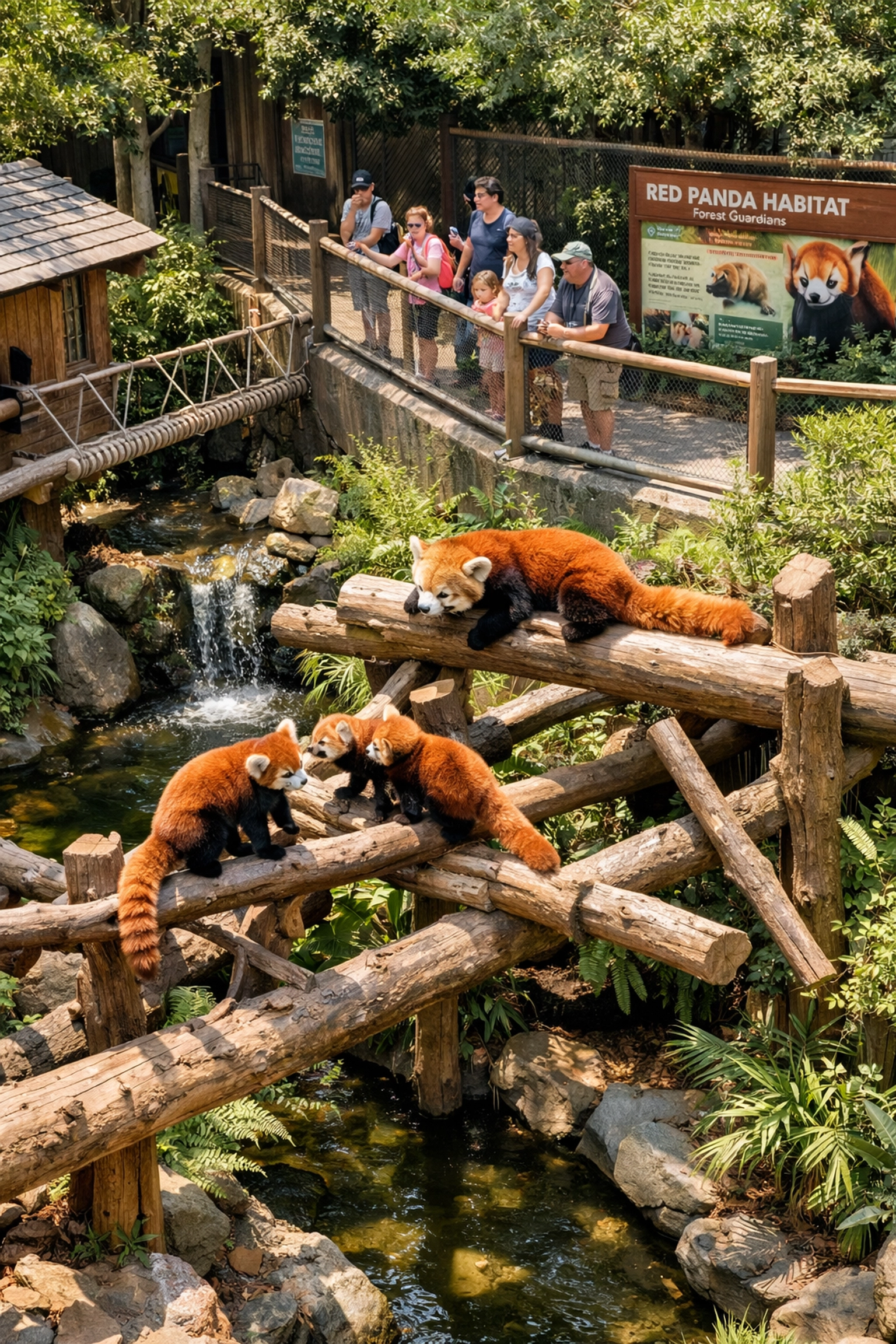 Red pandas in naturalistic zoo habitat with visible conservation education environment