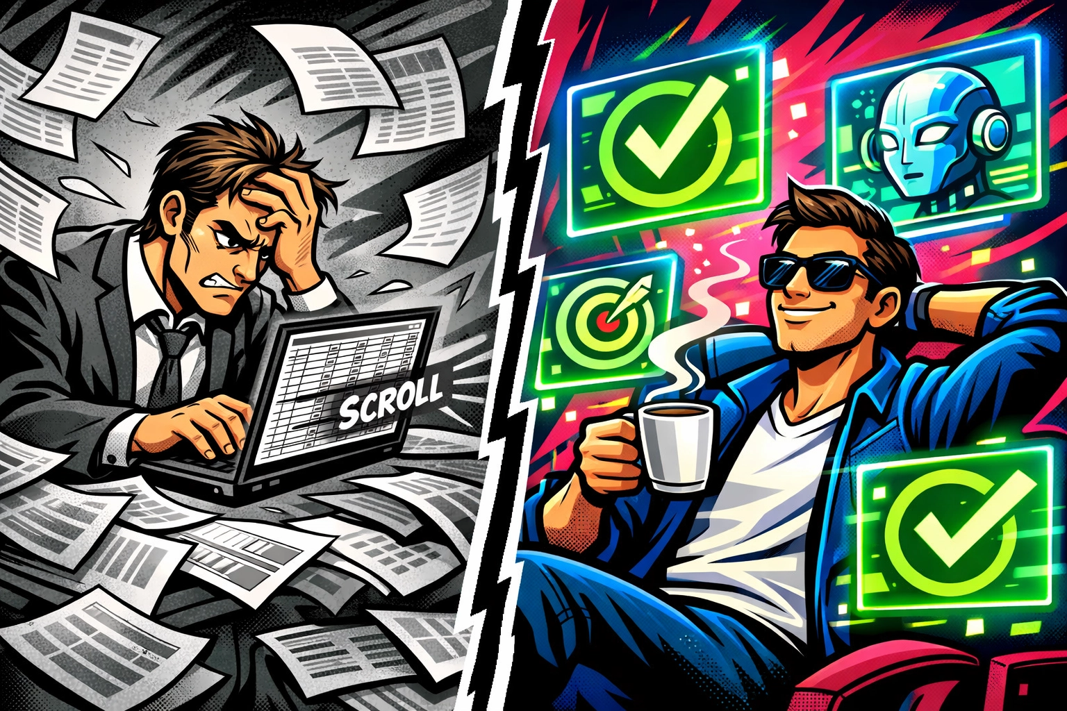 Manual lead prospecting versus AI-powered automation comparison showing efficiency gains