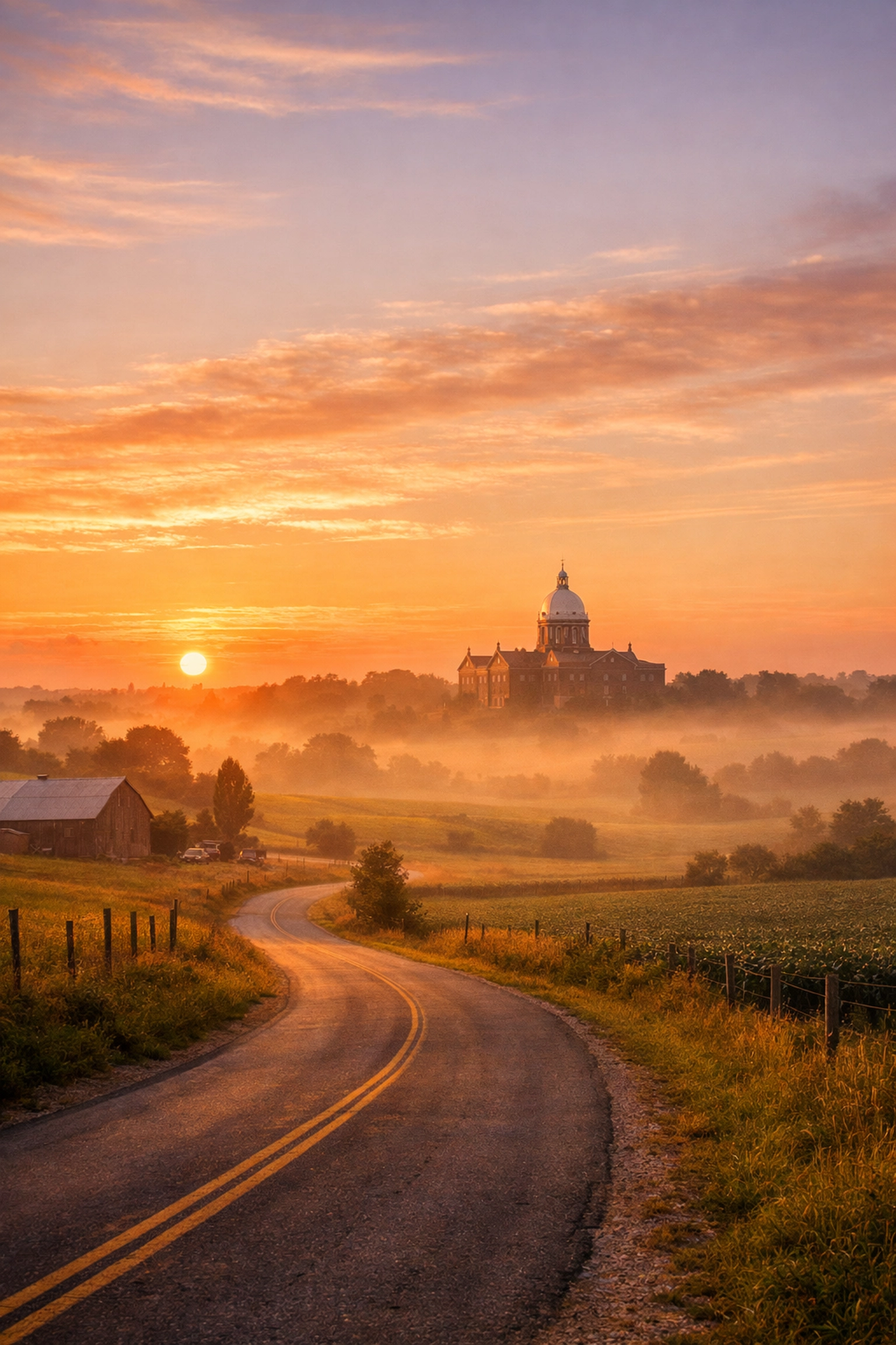 A peaceful sunrise over an Indiana courthouse, symbolizing accessible legal services in rural communities.