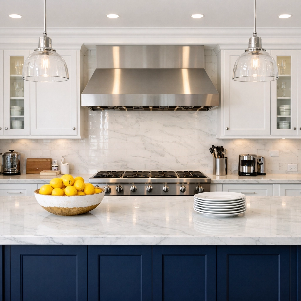 A pristine contemporary kitchen with white cabinets and a marble island cleaned by professional house cleaning services MA.