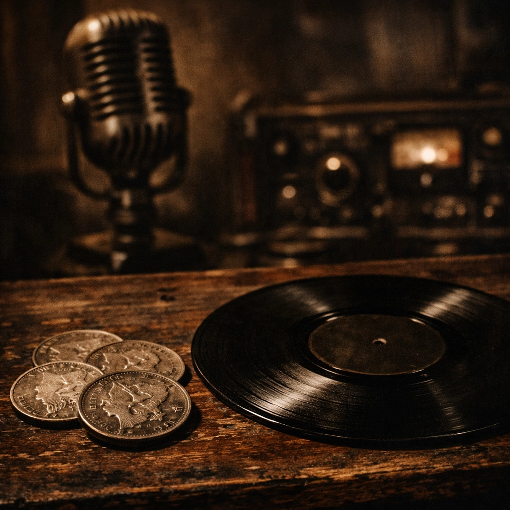 Vintage 1950s recording desk with silver coins and an acetate disc from Elvis Presley’s early Sun Records sessions.