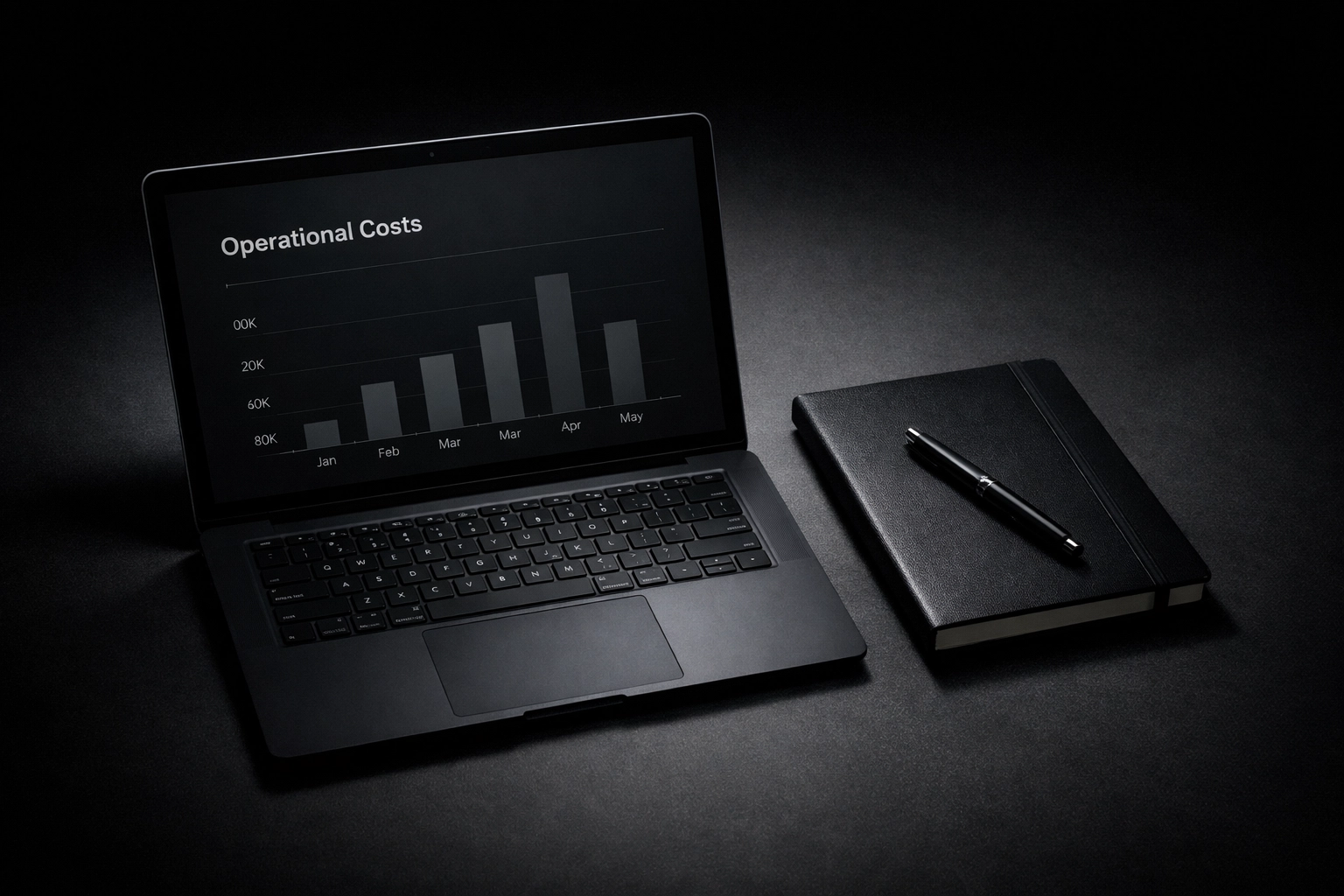 Dark workspace showing a financial dashboard tracking high overhead costs of remote sales hiring.