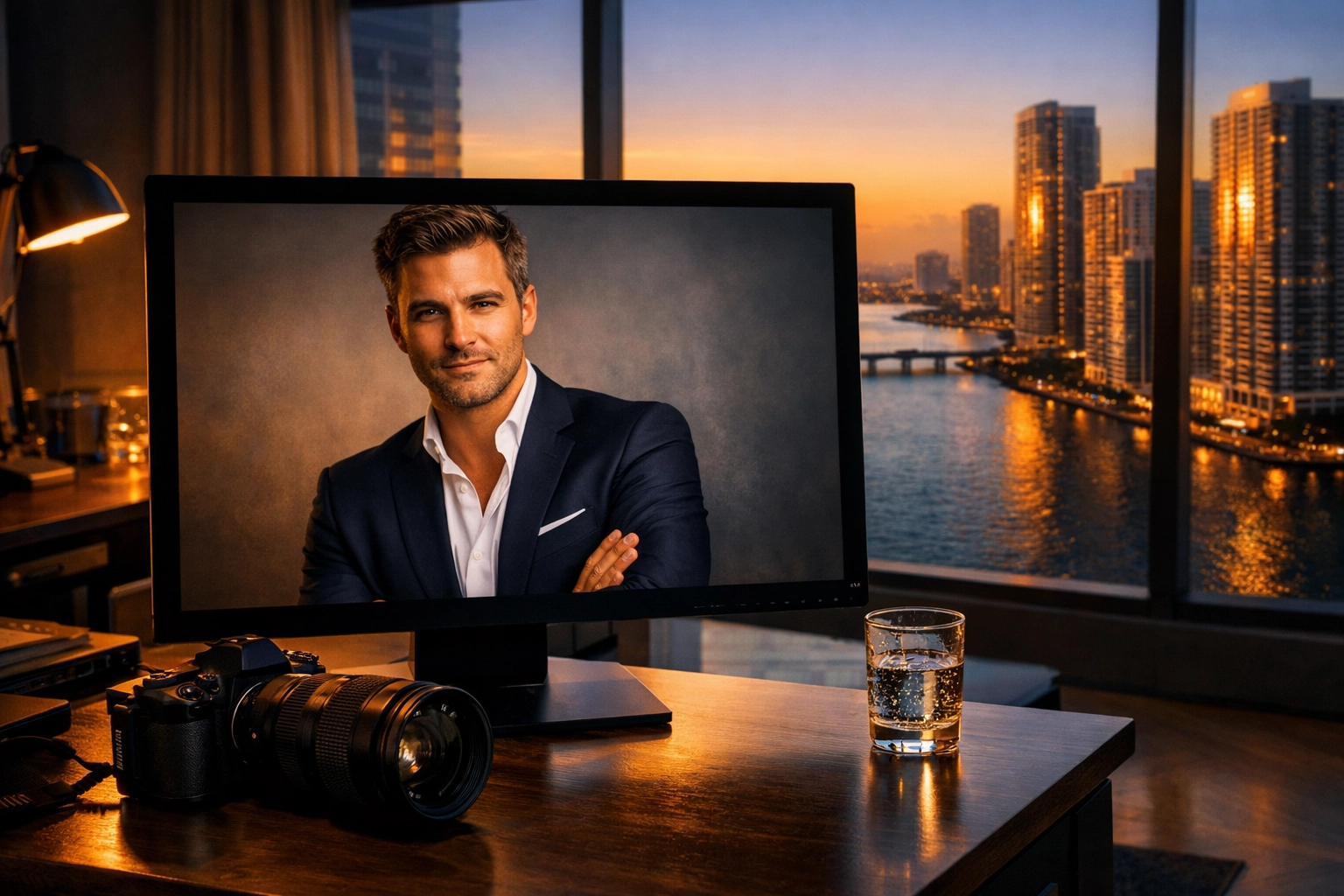 Professional brand photography Miami studio showing an entrepreneur portrait on a high-end monitor.