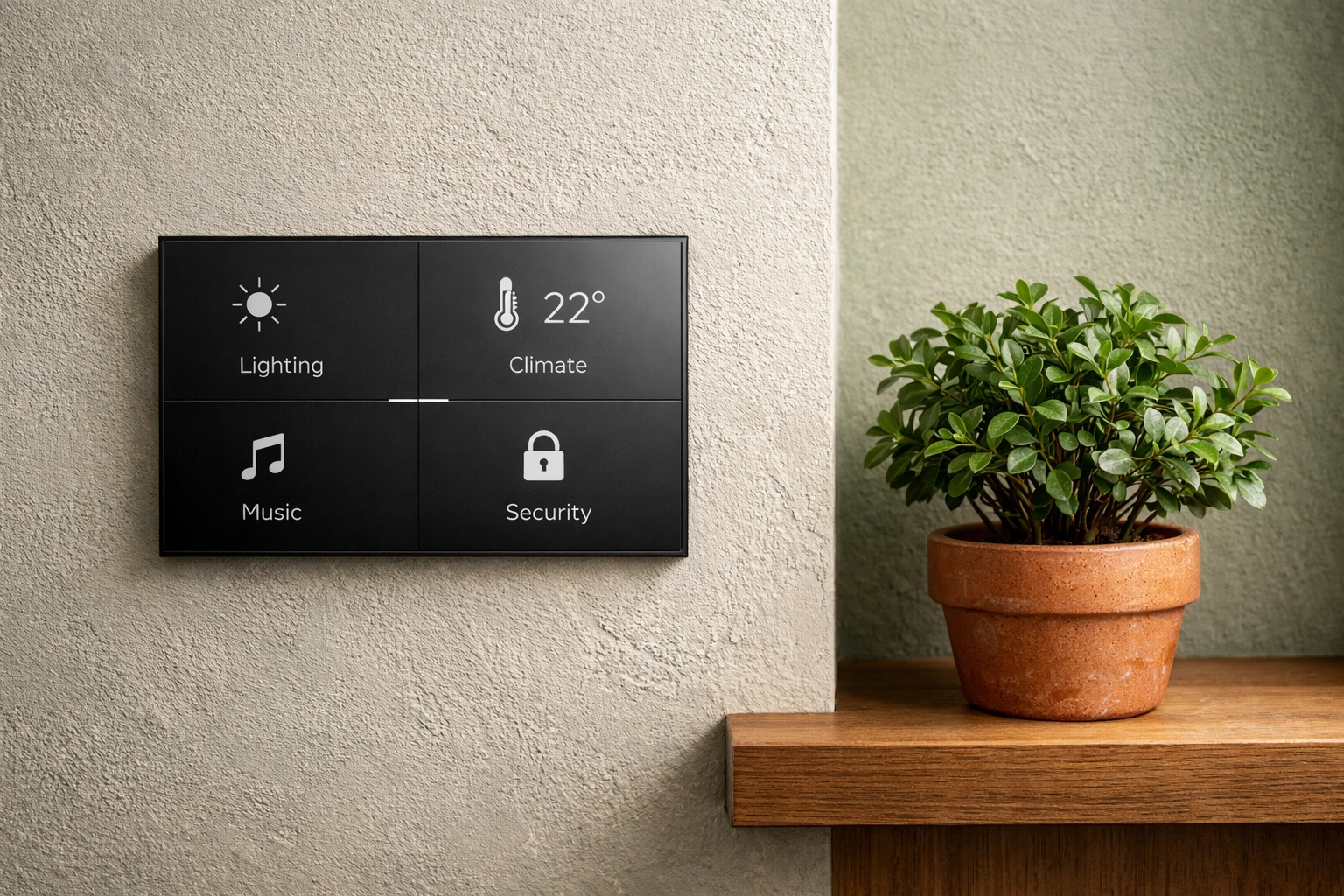 A sleek smart hotel control panel for automated energy management and guest room climate control.
