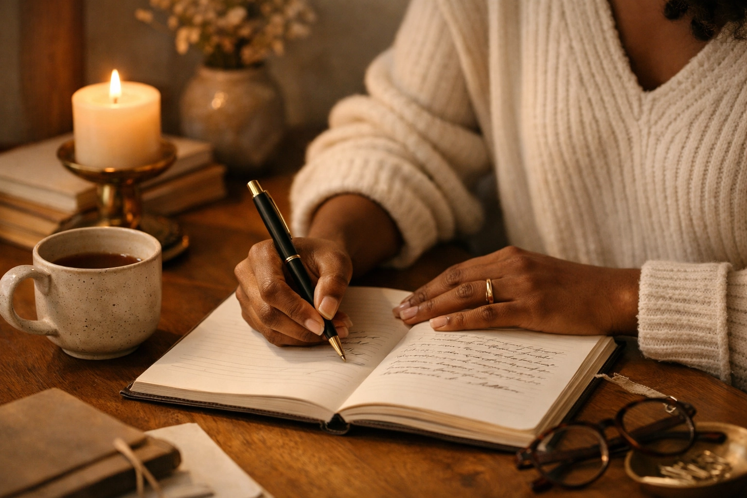 Woman journaling at cozy desk reconnecting with creative purpose and authentic expression