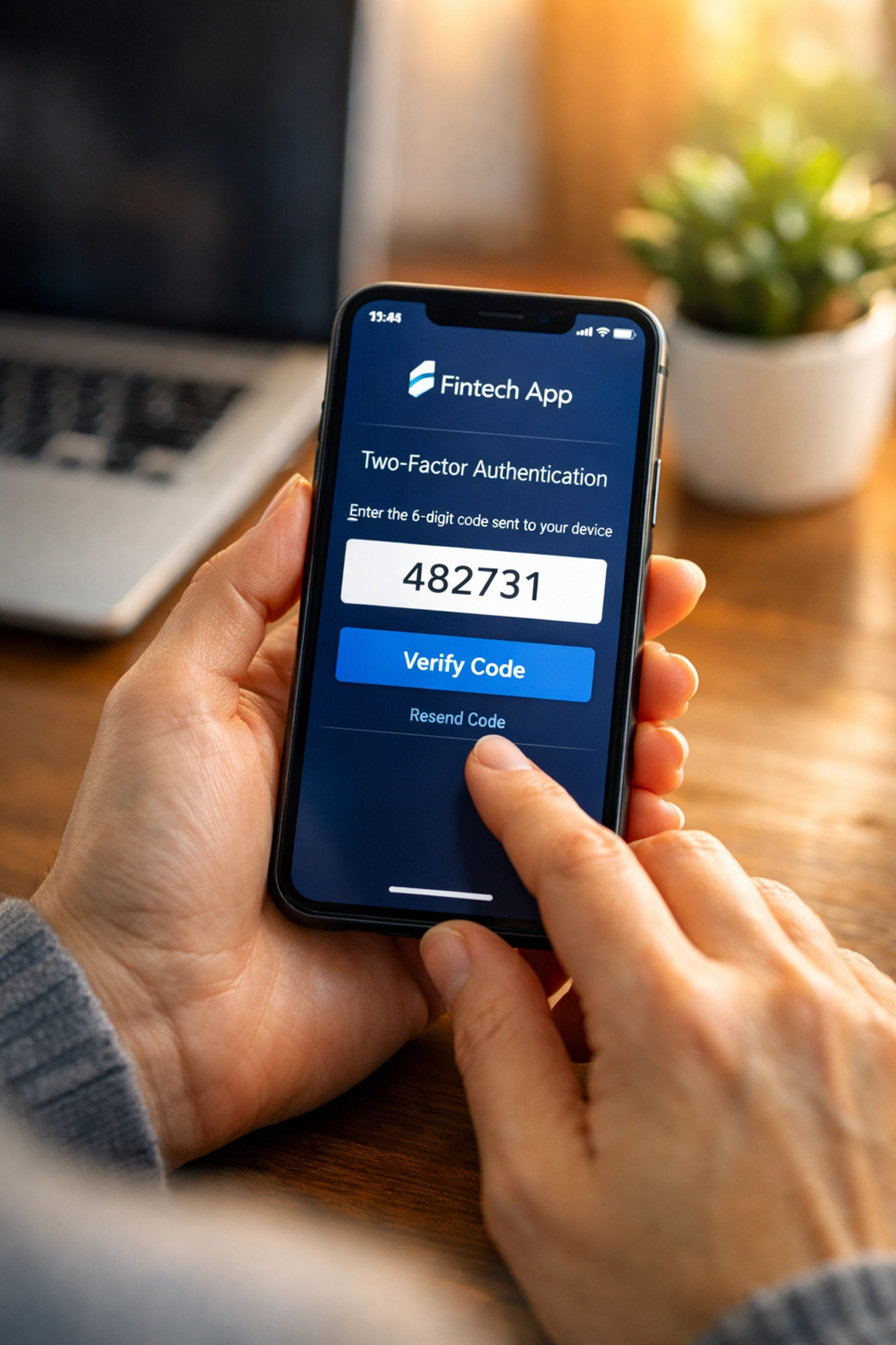 Hands holding smartphone with two-factor authentication screen for secure fintech login