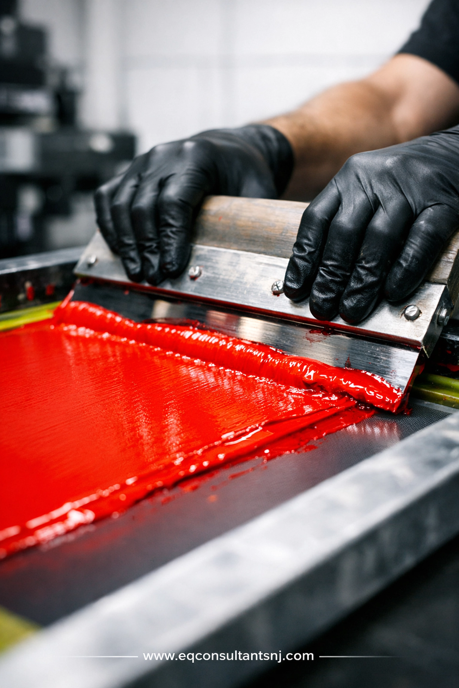 Close-up of red ink being printed, representing labor and material tracking for screen printing job costing.