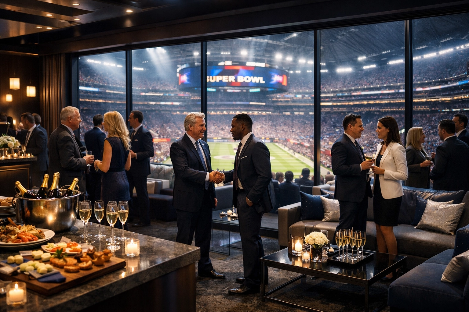 VIP Super Bowl hospitality suite with executives networking during corporate event
