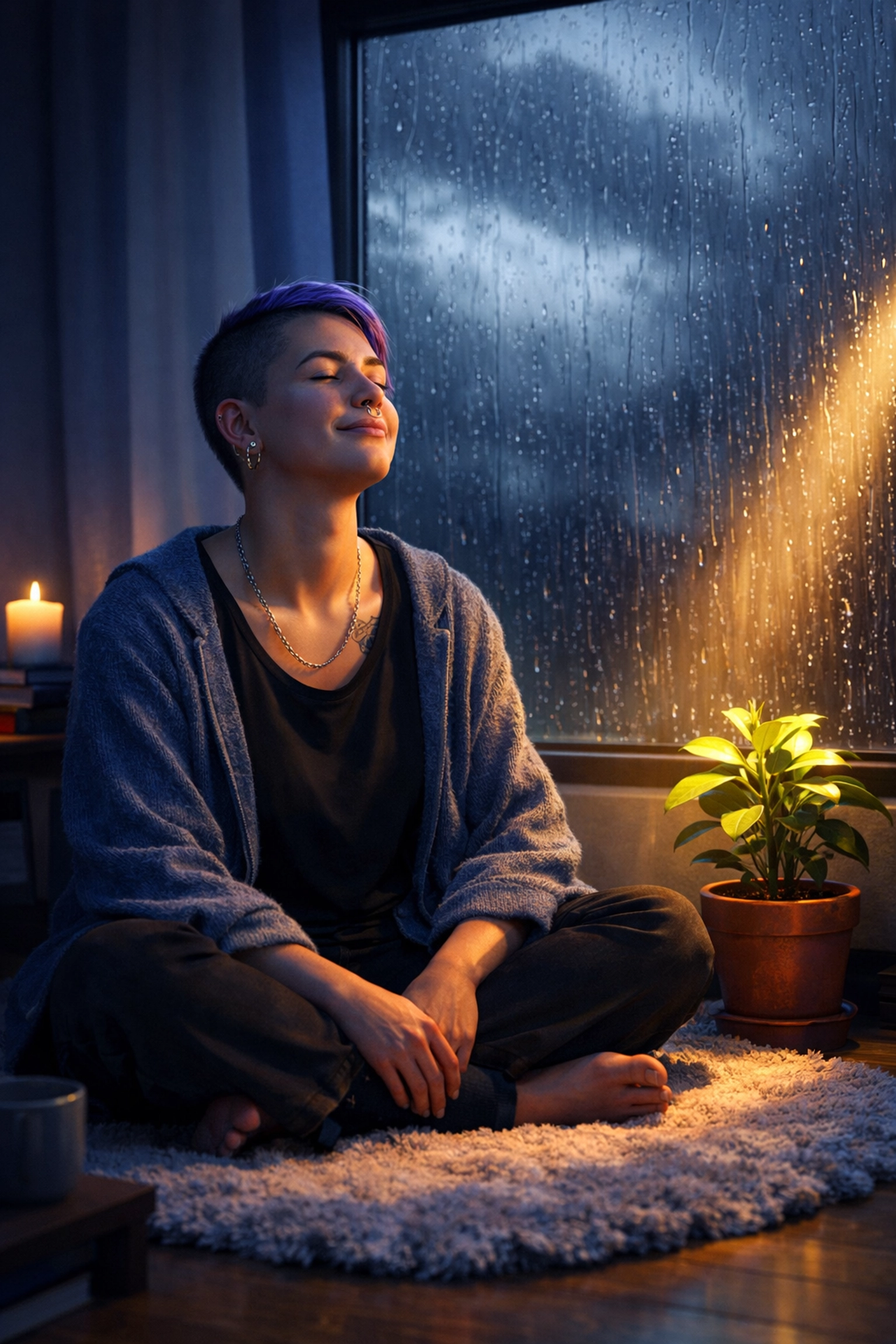 A queer person finding peace in a quiet room, symbolizing hope and grounding during the healing process.