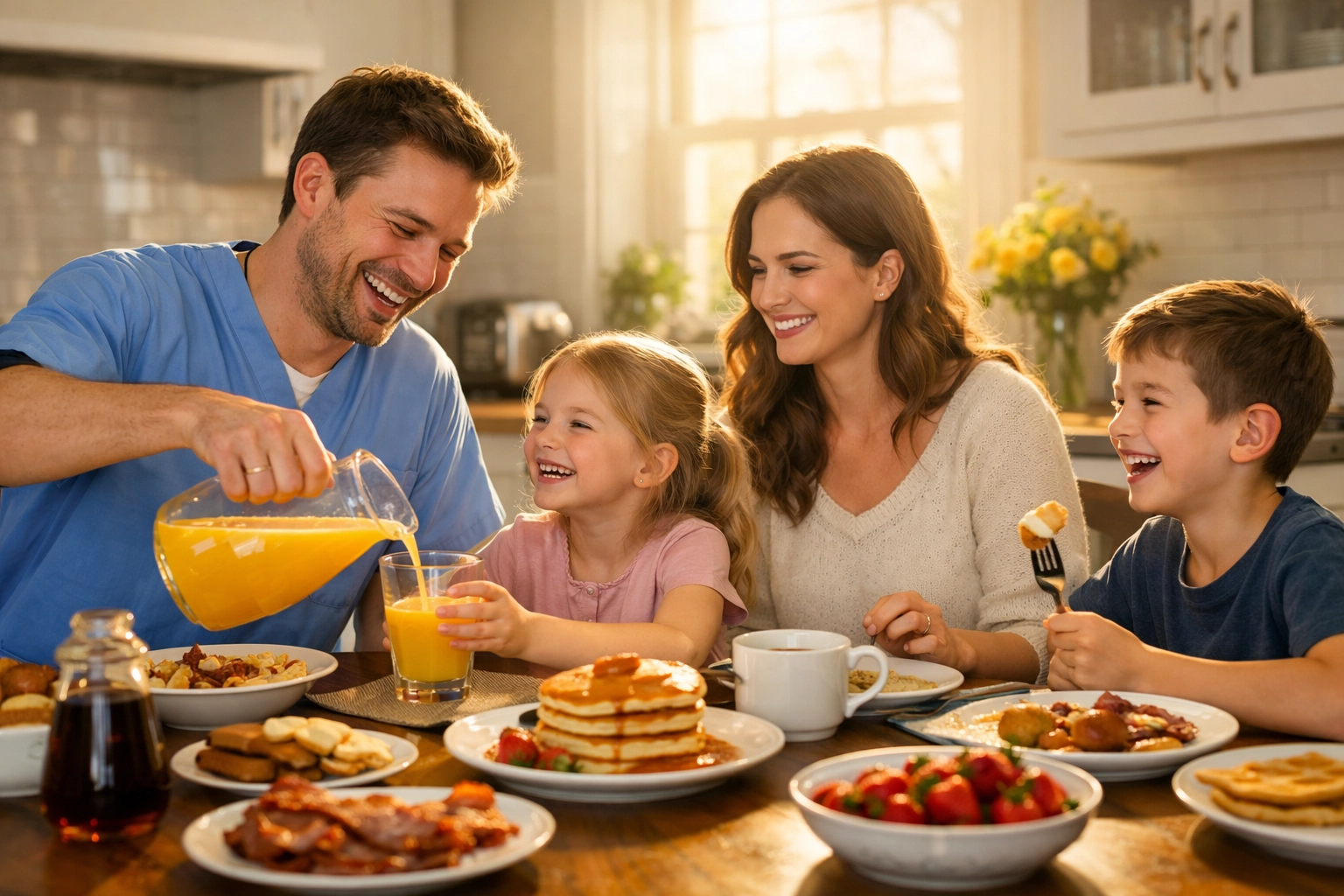 A healthcare worker in medical scrubs sharing a joyful family meal during his off-hours.