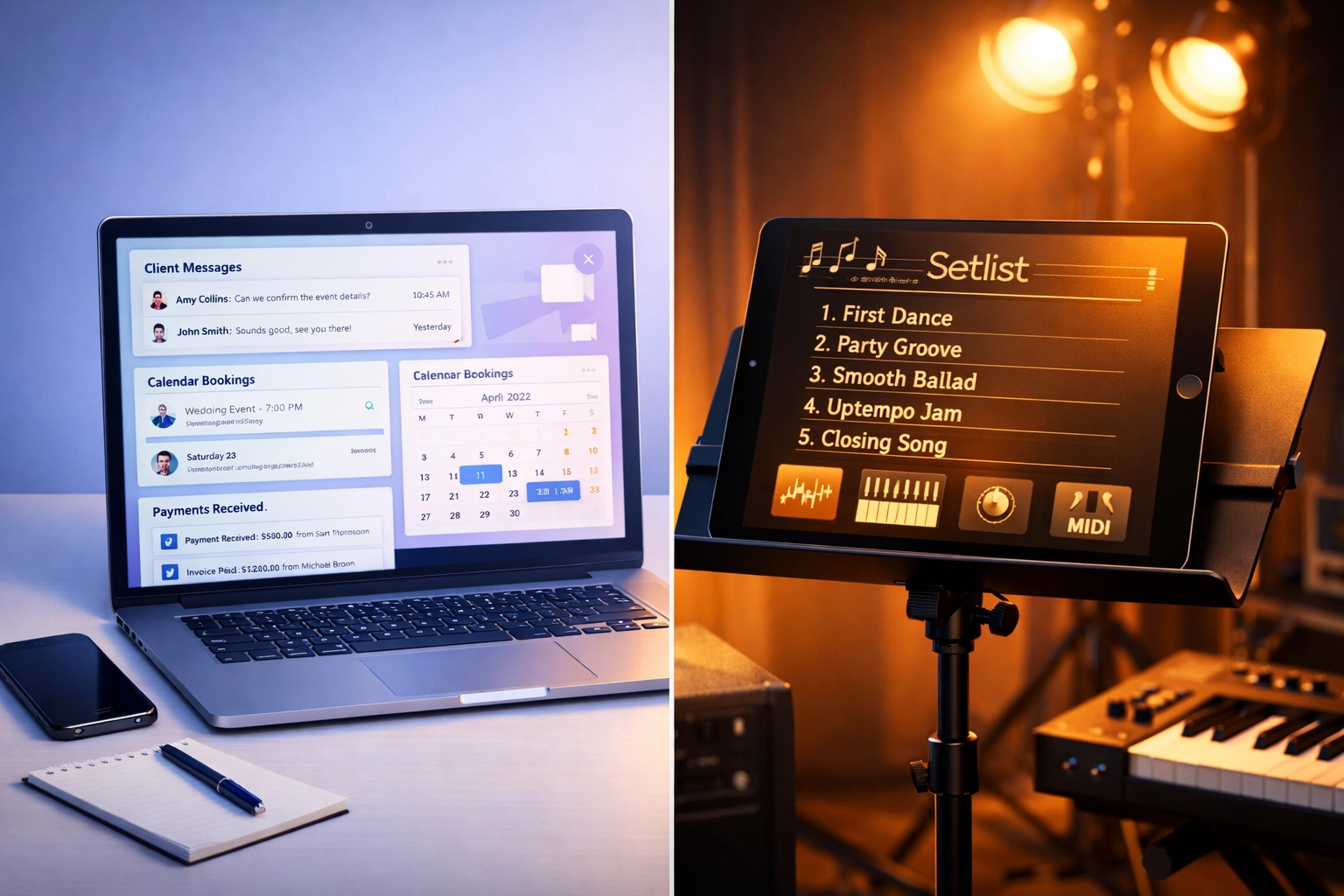 Split screen comparison of band management workflows: business operations dashboard vs live performance setlist