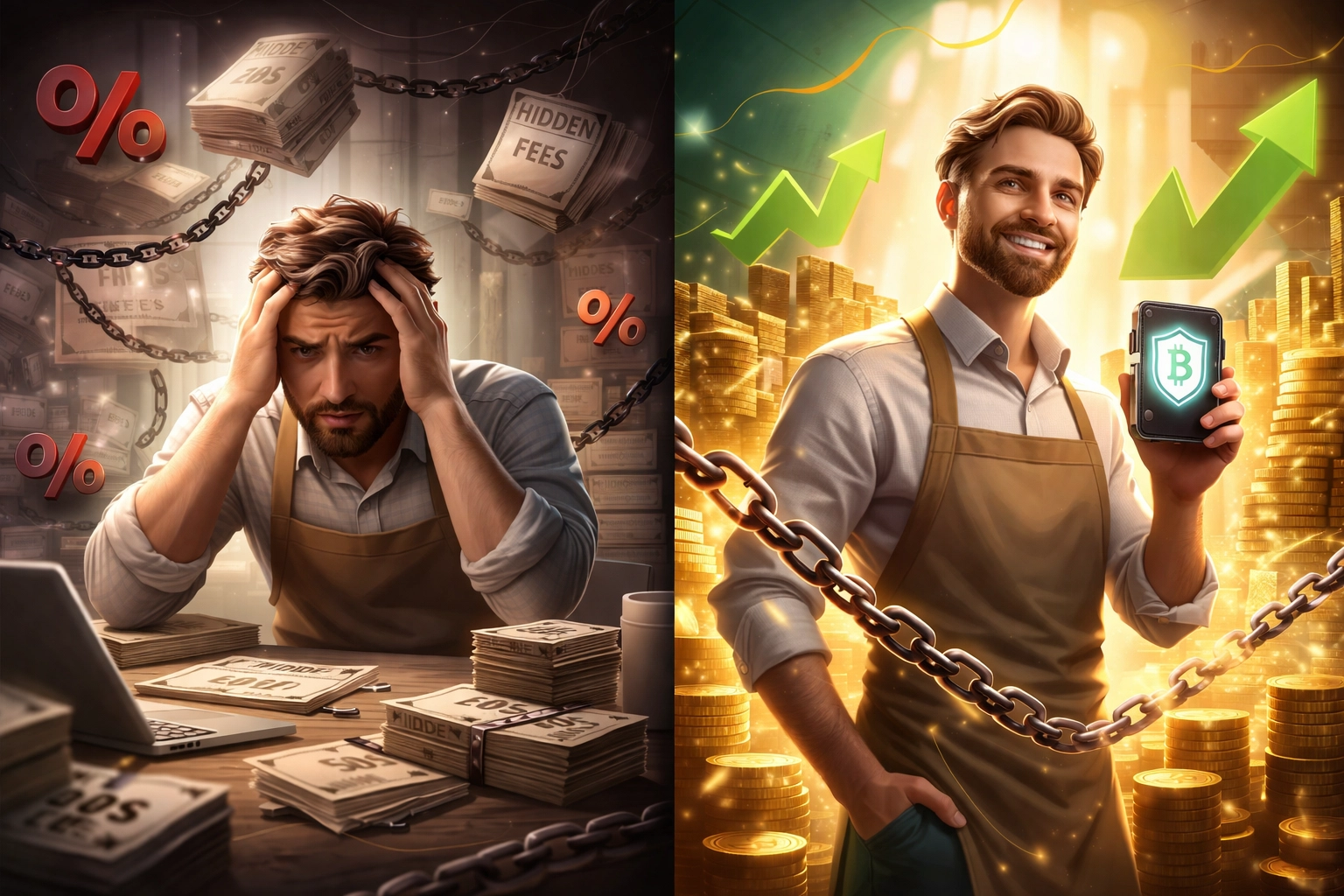 Comparison of stressed merchant paying high interchange fees versus relaxed merchant saving costs with self-custody crypto POS.