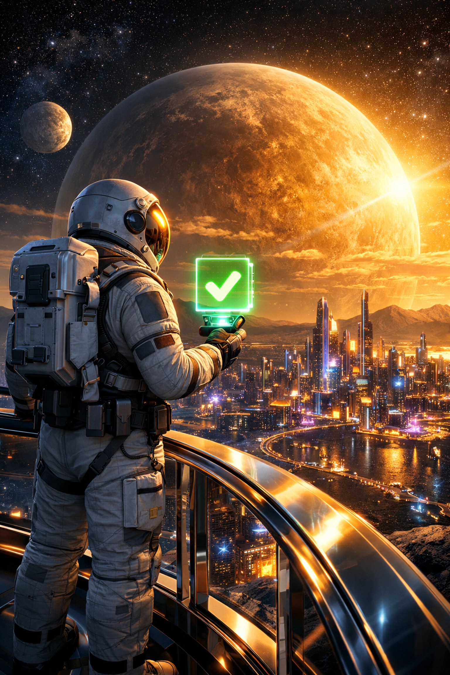An astronaut overlooking a digital city with a successful payment confirmation on a crypto merchant account.