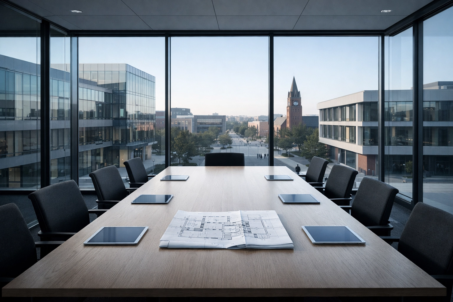 Modern university boardroom with architectural plans for disaster management training foundation.