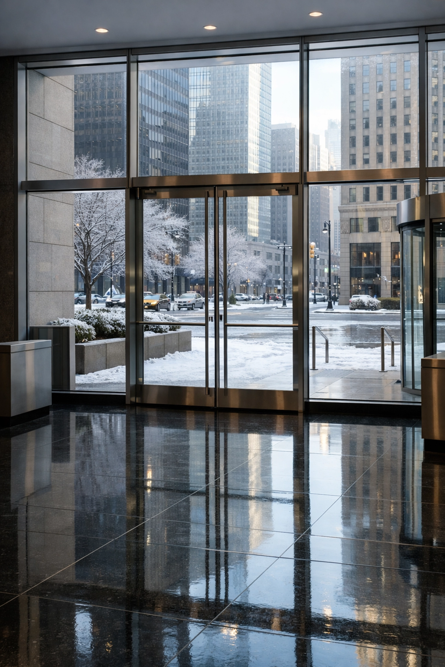 Pristine Midwest office lobby with polished floors, showing a clean entryway during winter in Chicago.